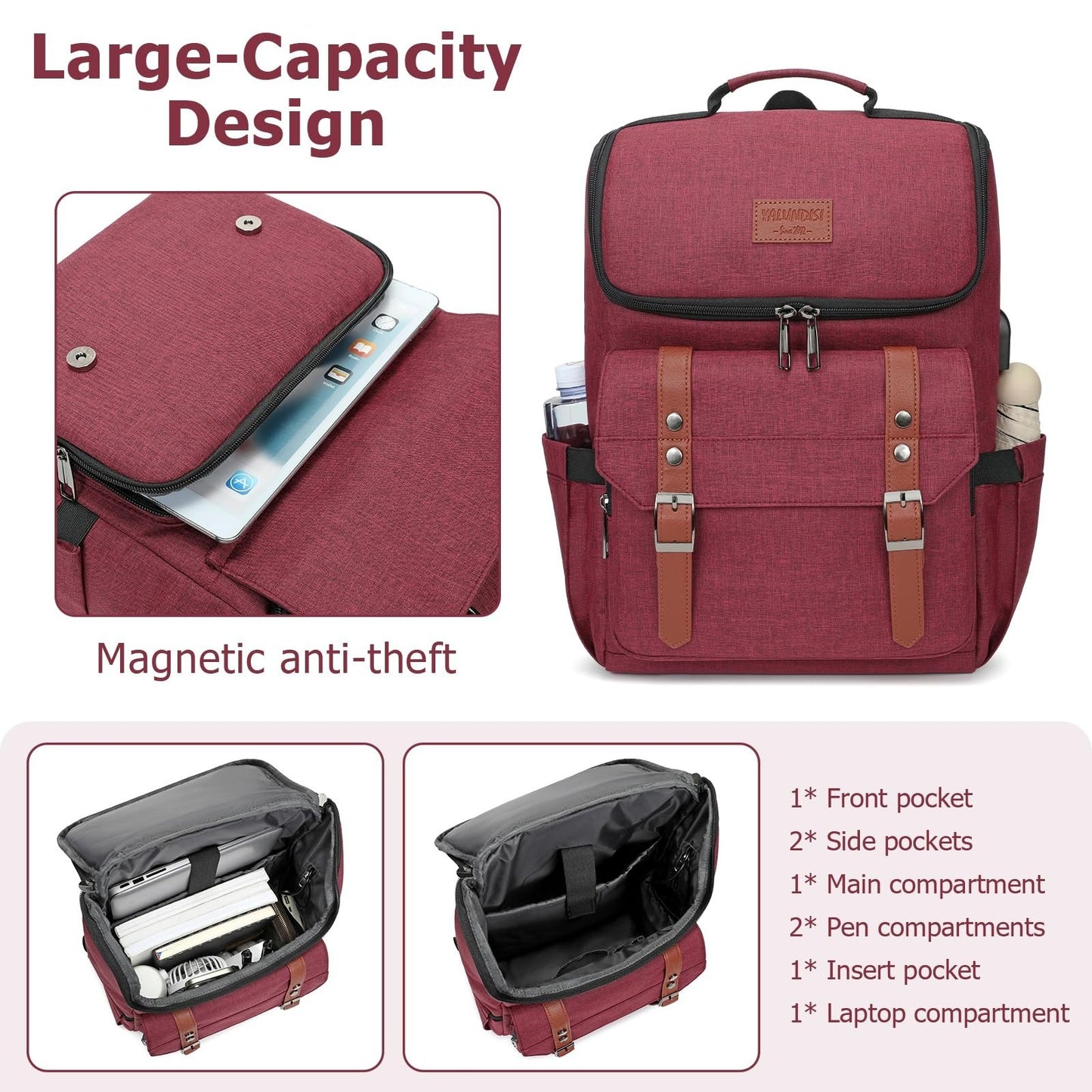 Vintage Travel Laptop Backpack with USB Charging Port for 15.6" Laptops - Red Br3