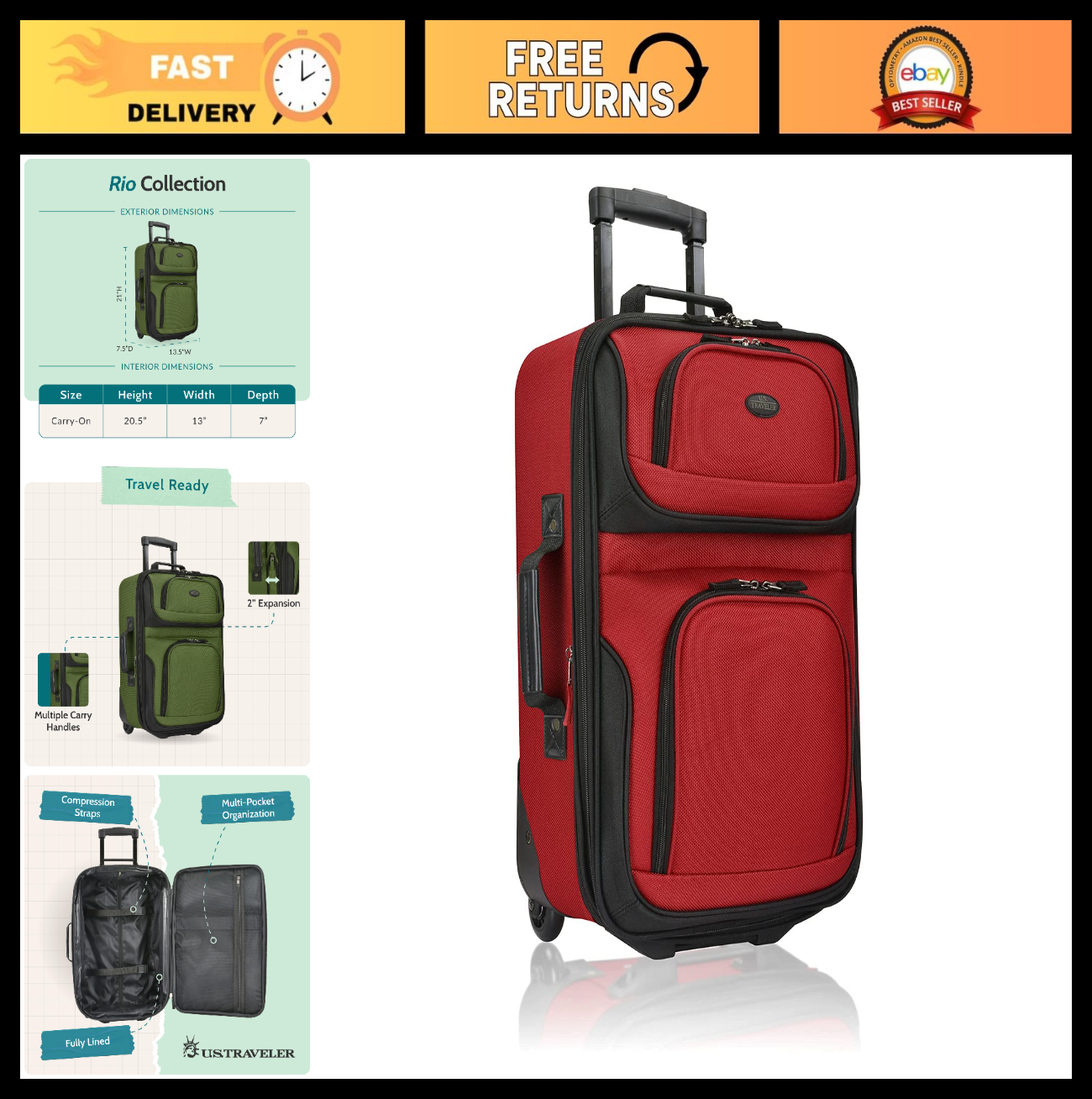 Lightweight Softside Rolling Carry-on Suitcase, 2-Wheel Travel Luggage, Red0