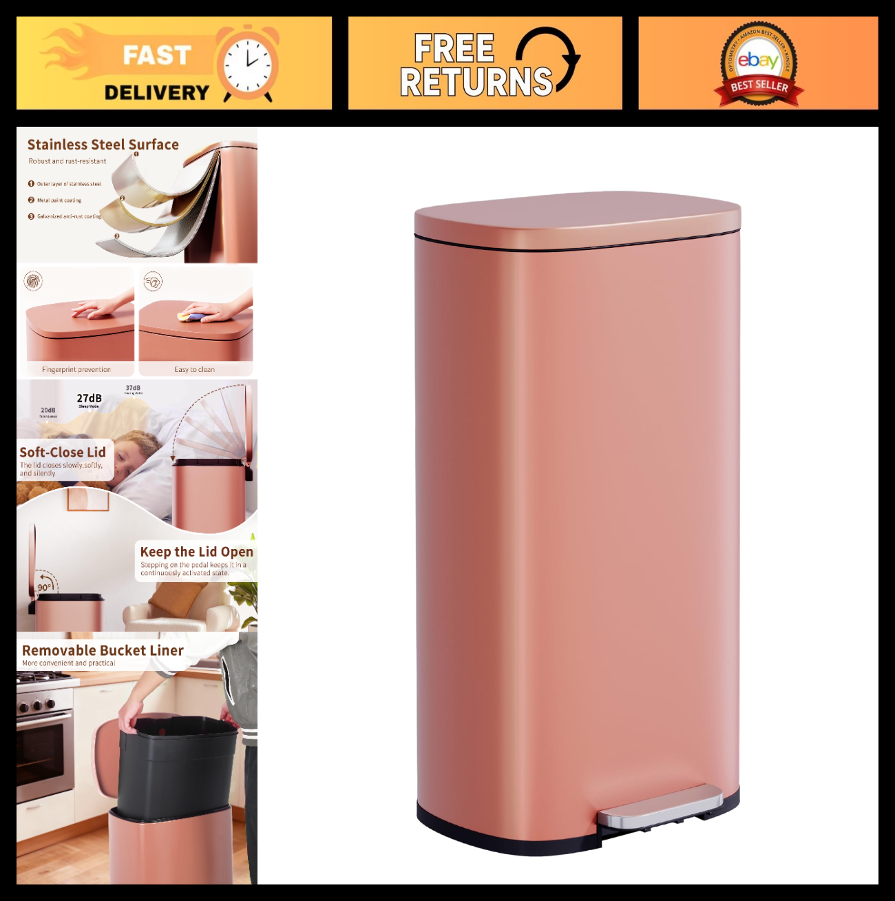 Stainless Steel Kitchen Trash Can with Lid, Removable Inner Bucket, Foot Pedal,0