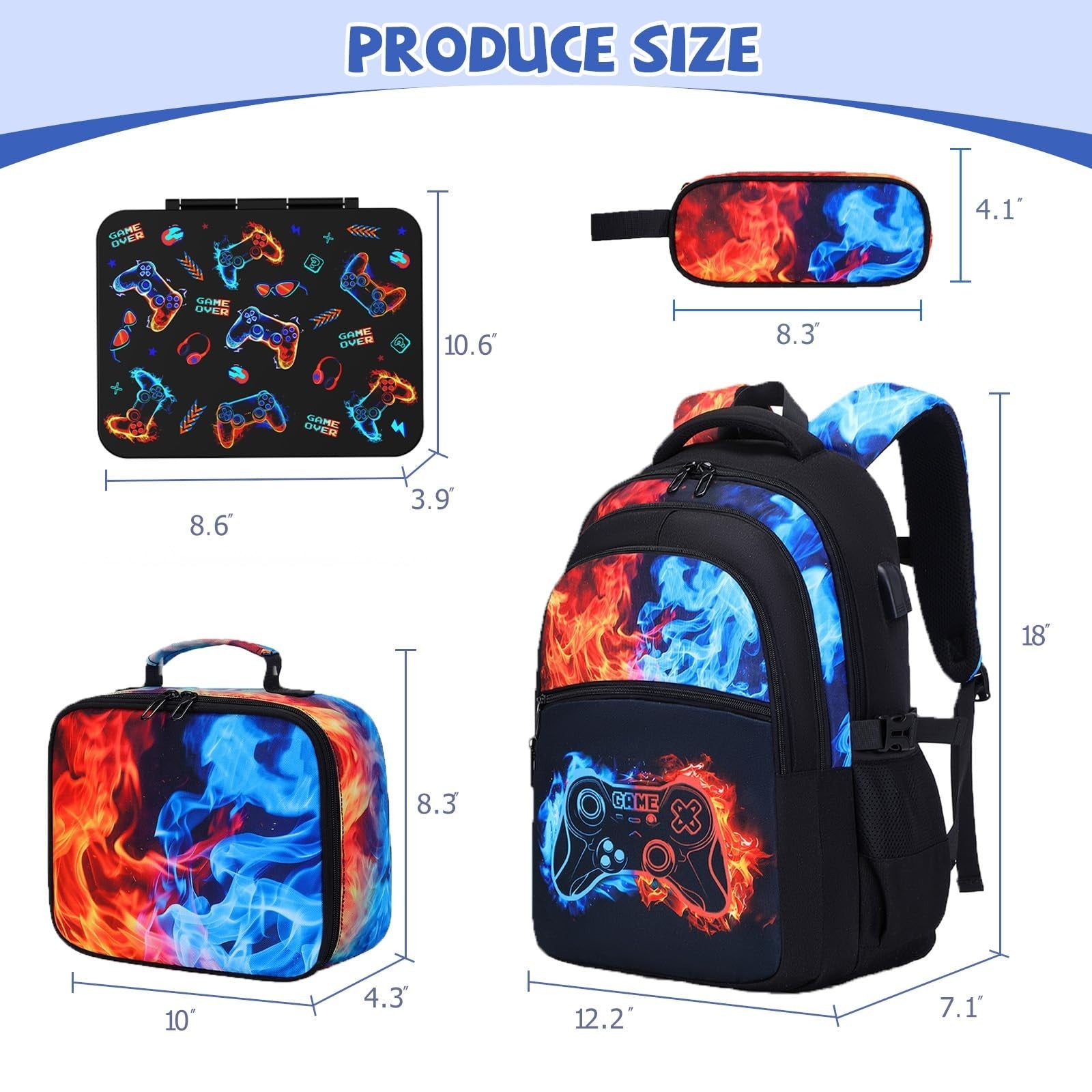 Cool Luminous Gamer Boys Backpack Set   6PCS with Lunch Bag & Pencil Case, Schoo1