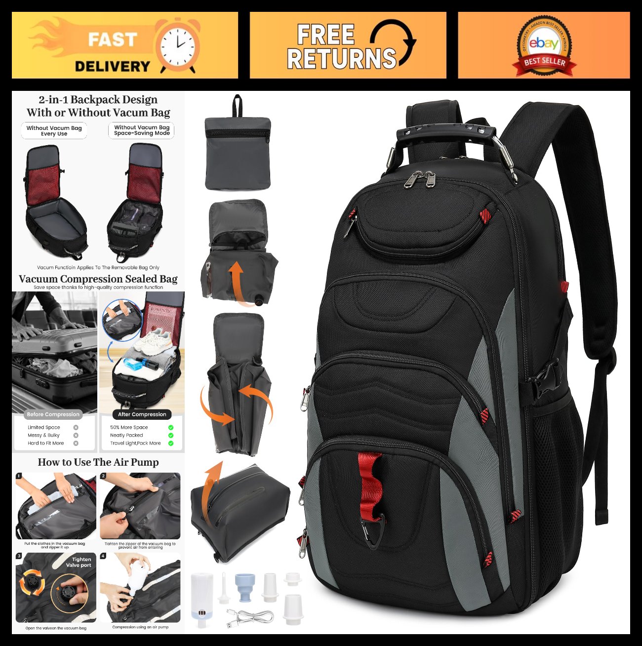 Large 55L Vacuum Seal Travel Backpack with Detachable Compression Bag, Waterproo0