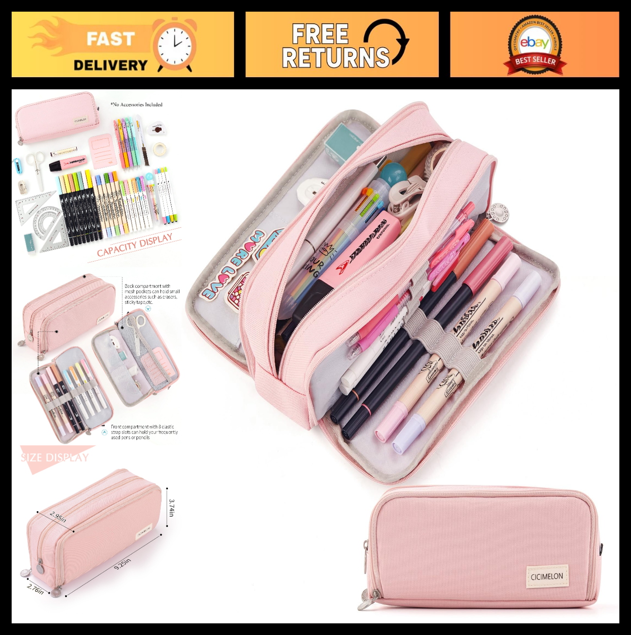 Large Capacity 3 Compartment Pencil Case Pouch for School, Teens & Adults   Pink0