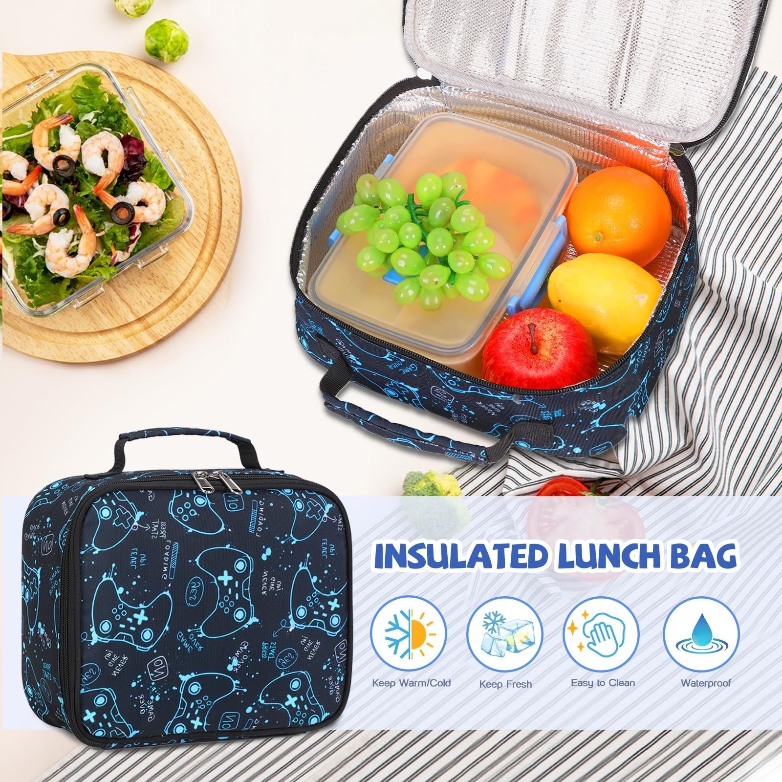 Cool Luminous Gamer Backpack Set for Boys, 6PCS with Lunch Bag & Pencil Case   S6