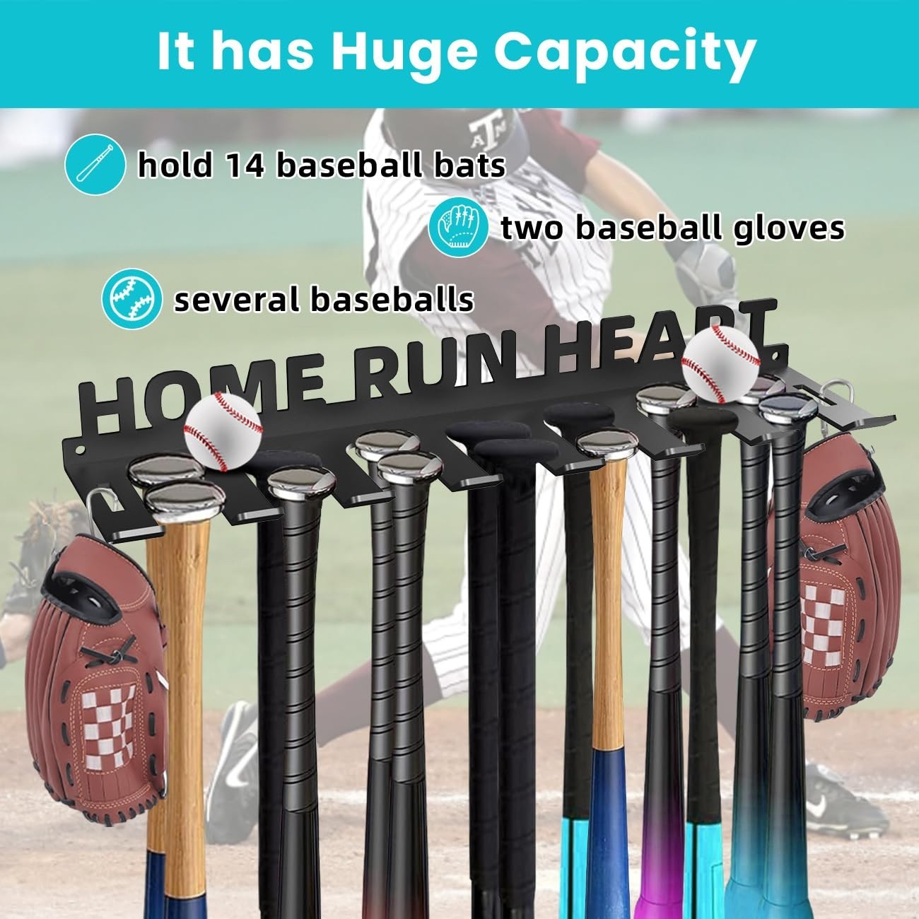 Heavy Duty Metal Baseball Bat Storage Rack Wall Mount   Holds 14 Bats, Sports Or3