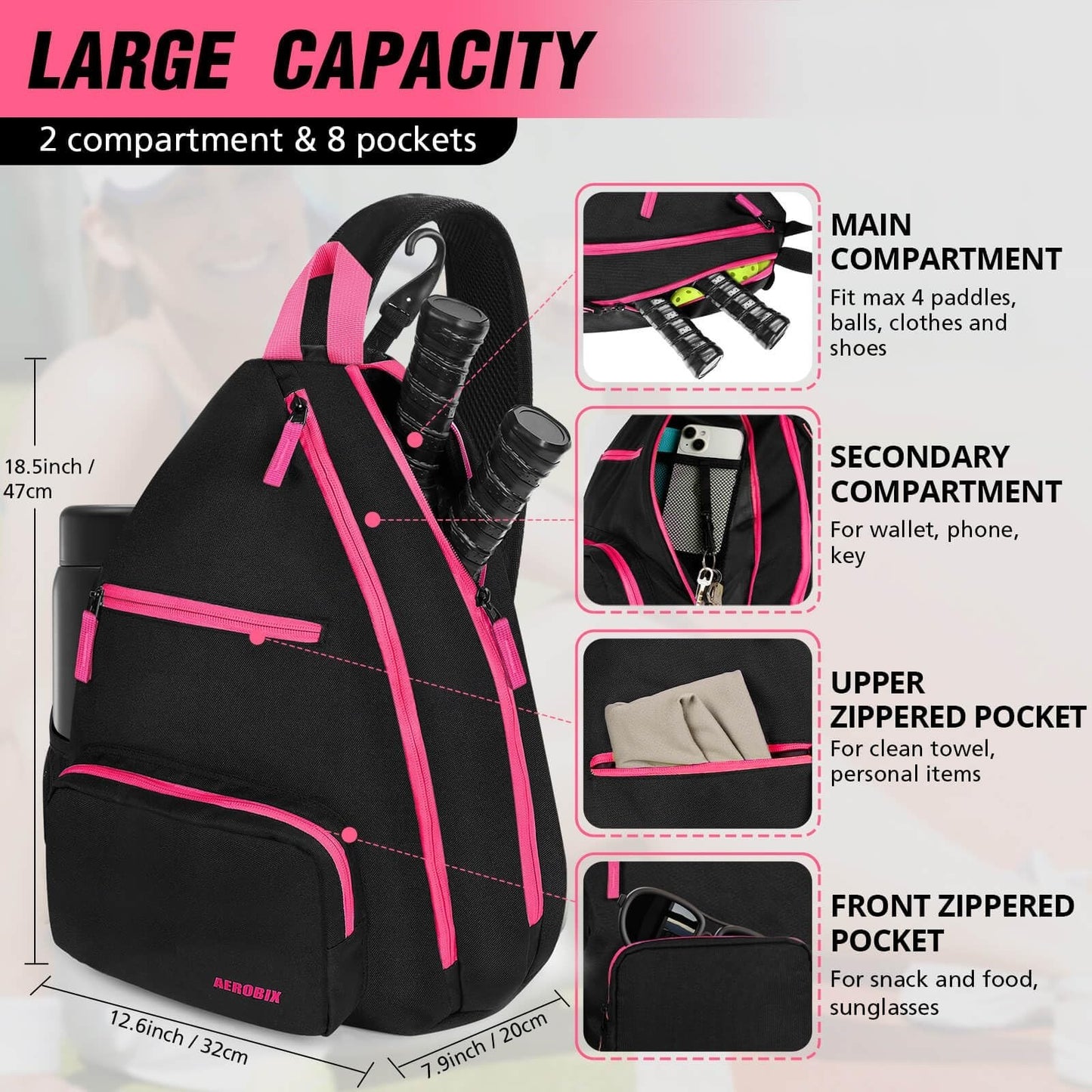 Large Capacity Pickleball Backpack - Padded Paddle Pocket, Adjustable Sling Bag2