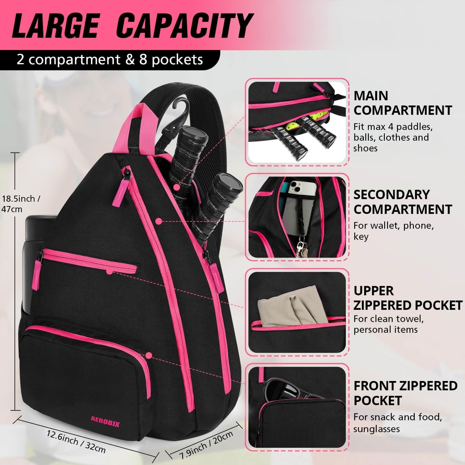 Large Capacity Pickleball Backpack - Padded Paddle Pocket, Adjustable Sling Bag2