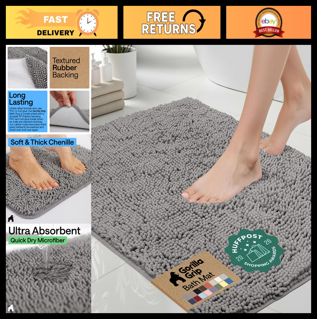 Thick Soft Chenille Bath Rug Mat   Absorbent Microfiber, Quick Dry, Rubber Backi0