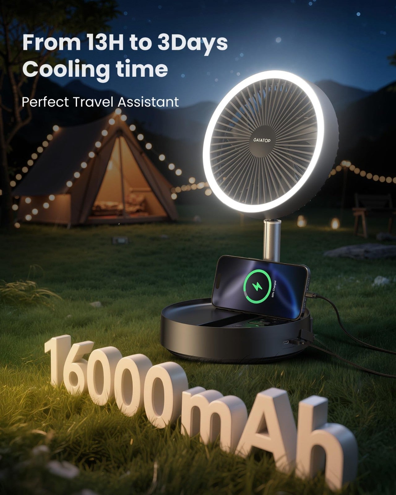 Portable Battery Fan 16000mAh, 74h Runtime, Foldable Oscillating Stand Fan, LED1