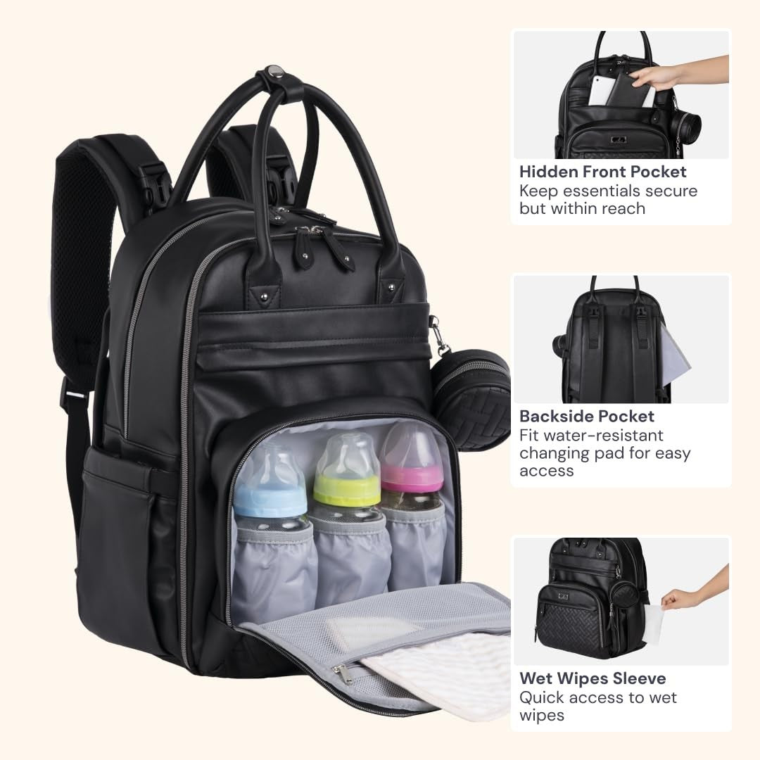 Stylish Leather Diaper Bag Backpack   Multi Function Baby Travel Bag with Changi6