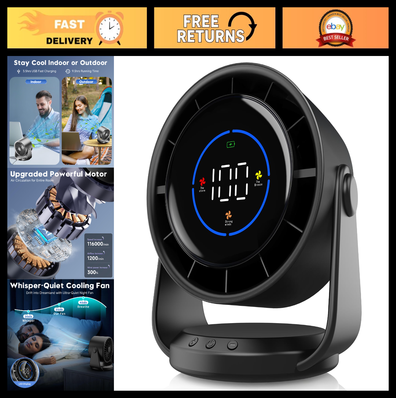Turbo Desk Fan   100 Speed Digital Display, Low Noise, Adjustable Tilt, 7.5" Rec0