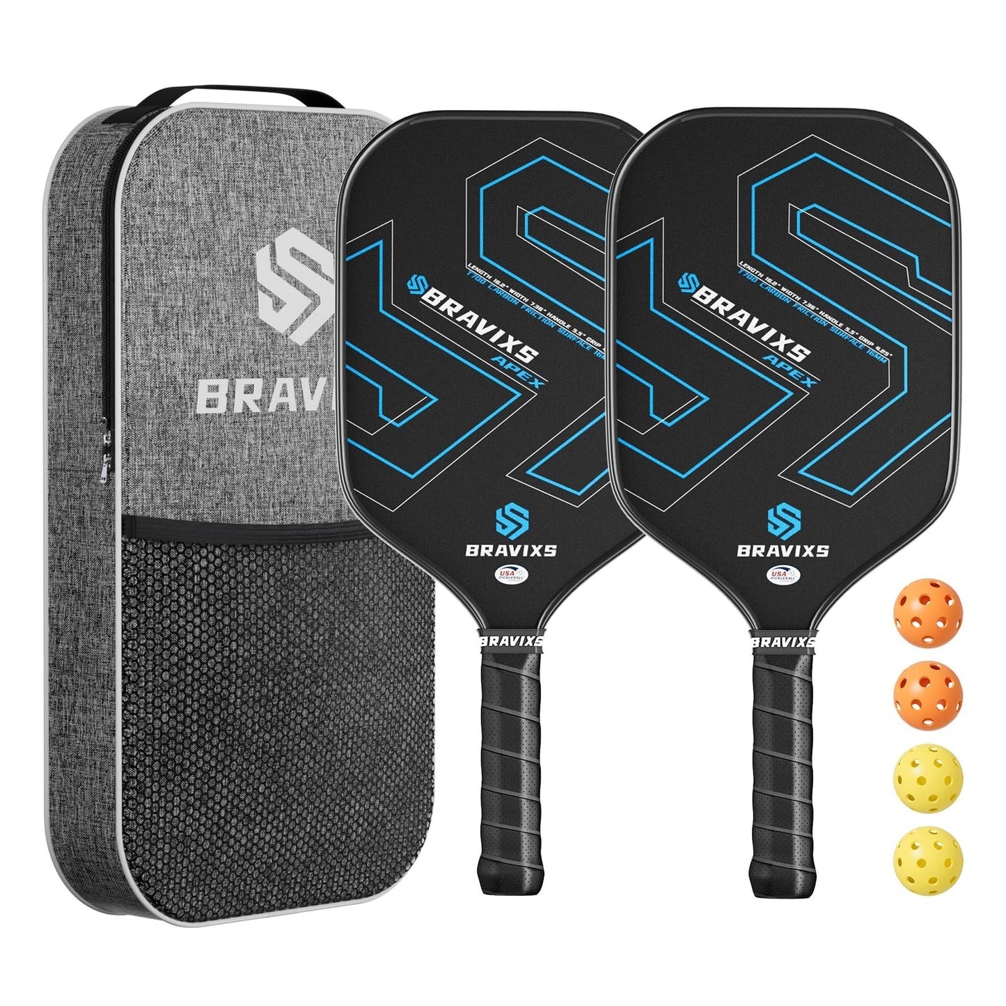 Set of 2 USAPA Approved Pickleball Paddles, T700 Carbon Fiber Rackets + 4 Balls0