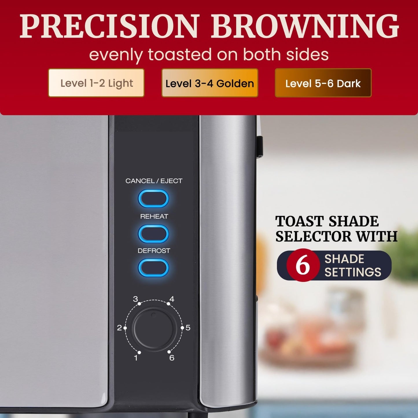 2-Slice Slim Toaster with Long Slot, 6 Settings, Defrost & Warming Rack - Stainl4