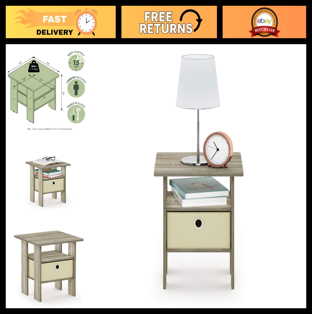 Modern Side Table with Open Shelves & Storage Bin - Nightstand for Living Room/B0