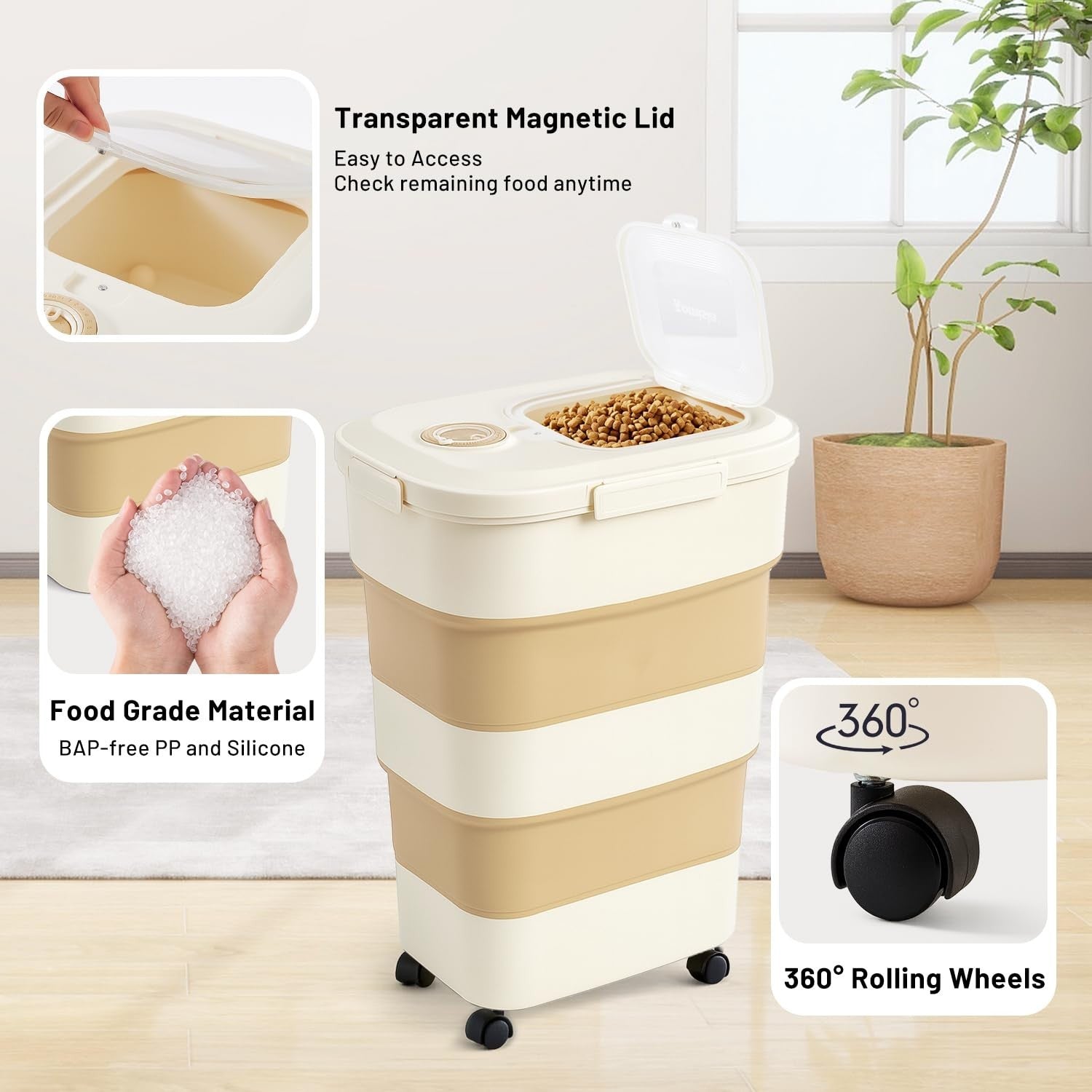 Large Airtight Dog Food Storage Container 40-50lbs, Collapsible with Wheels, Sco3