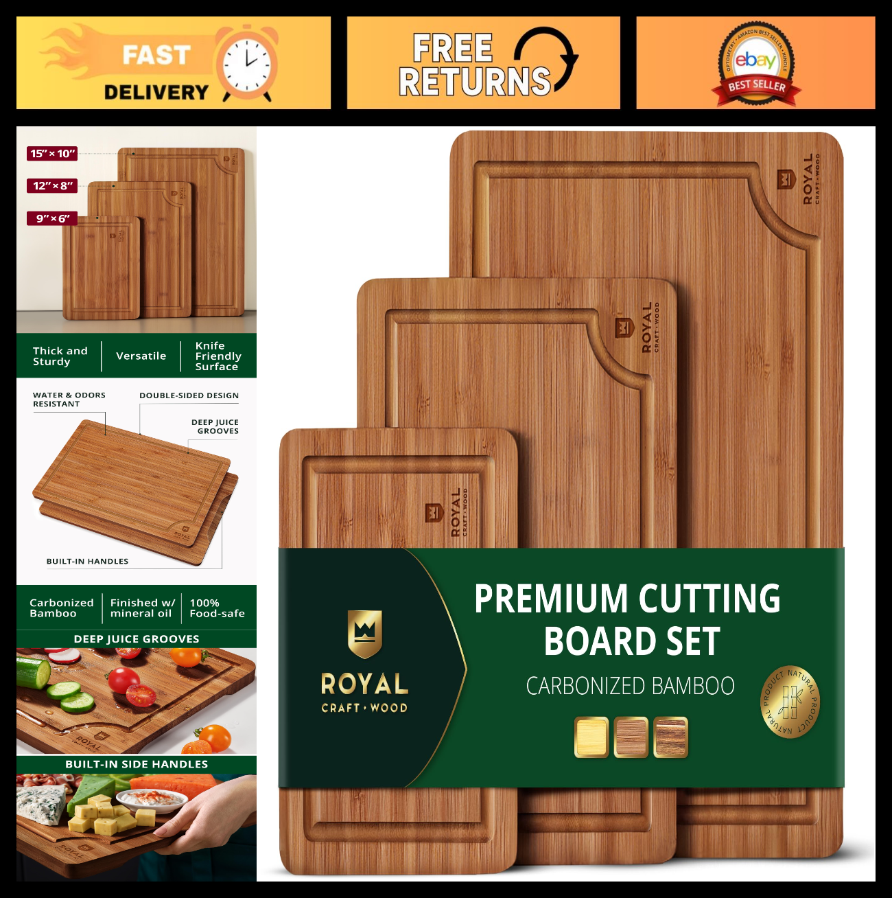 Non Toxic Bamboo Cutting Board Set   Deep Juice Groove, Side Handles, Charcuteri0
