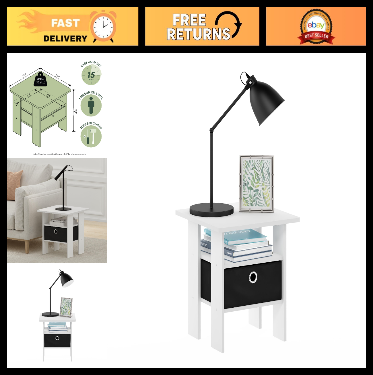 Stylish Side Table with Open Shelves & Storage Bin - Nightstand for Living Room/0
