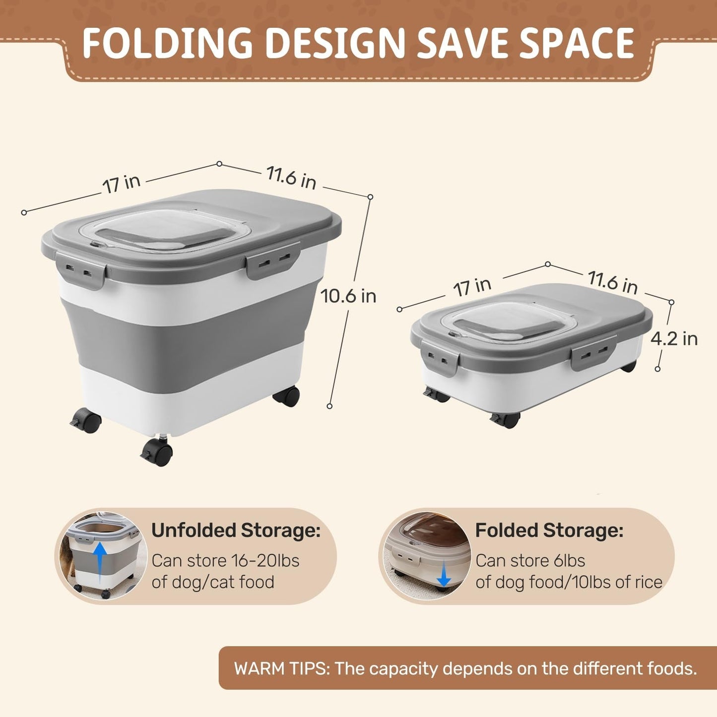 Collapsible Dog Food Storage Container 20LB - 2 Pack with Travel Bowl & Scoop, K3