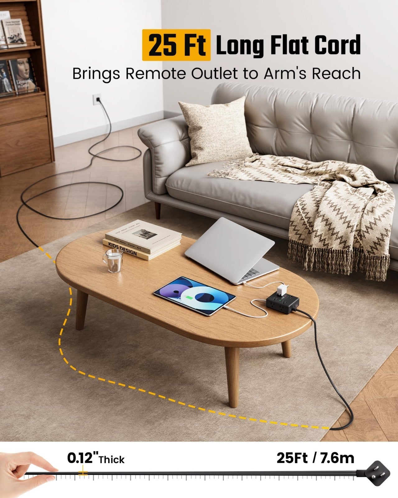 25Ft Flat Plug Extension Cord Power Strip with Surge Protector   Heavy Duty, Mul2