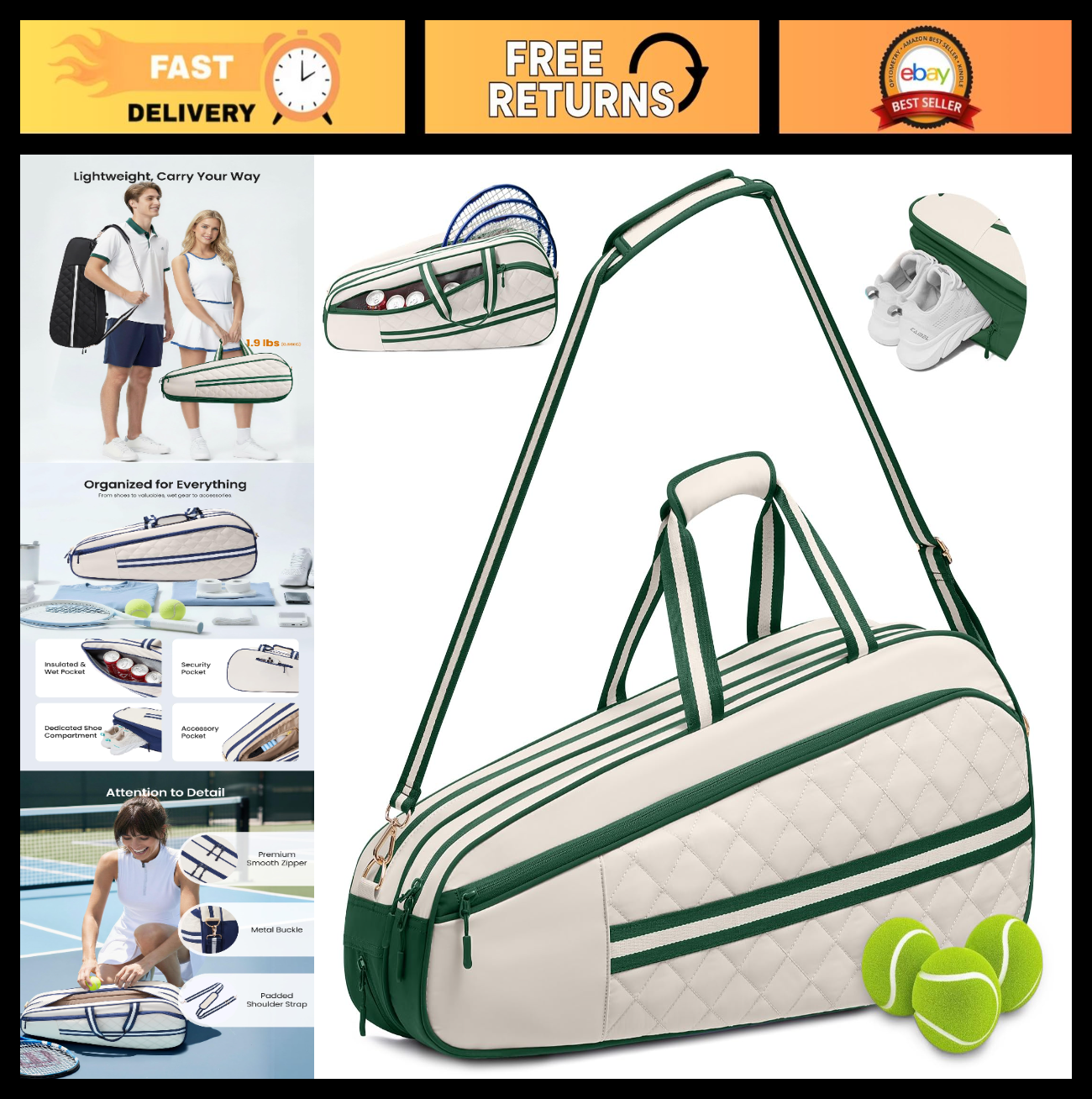 Water-Resistant Tennis Racket Bag for 3-6 Rackets with Shoe Compartment & Insula0