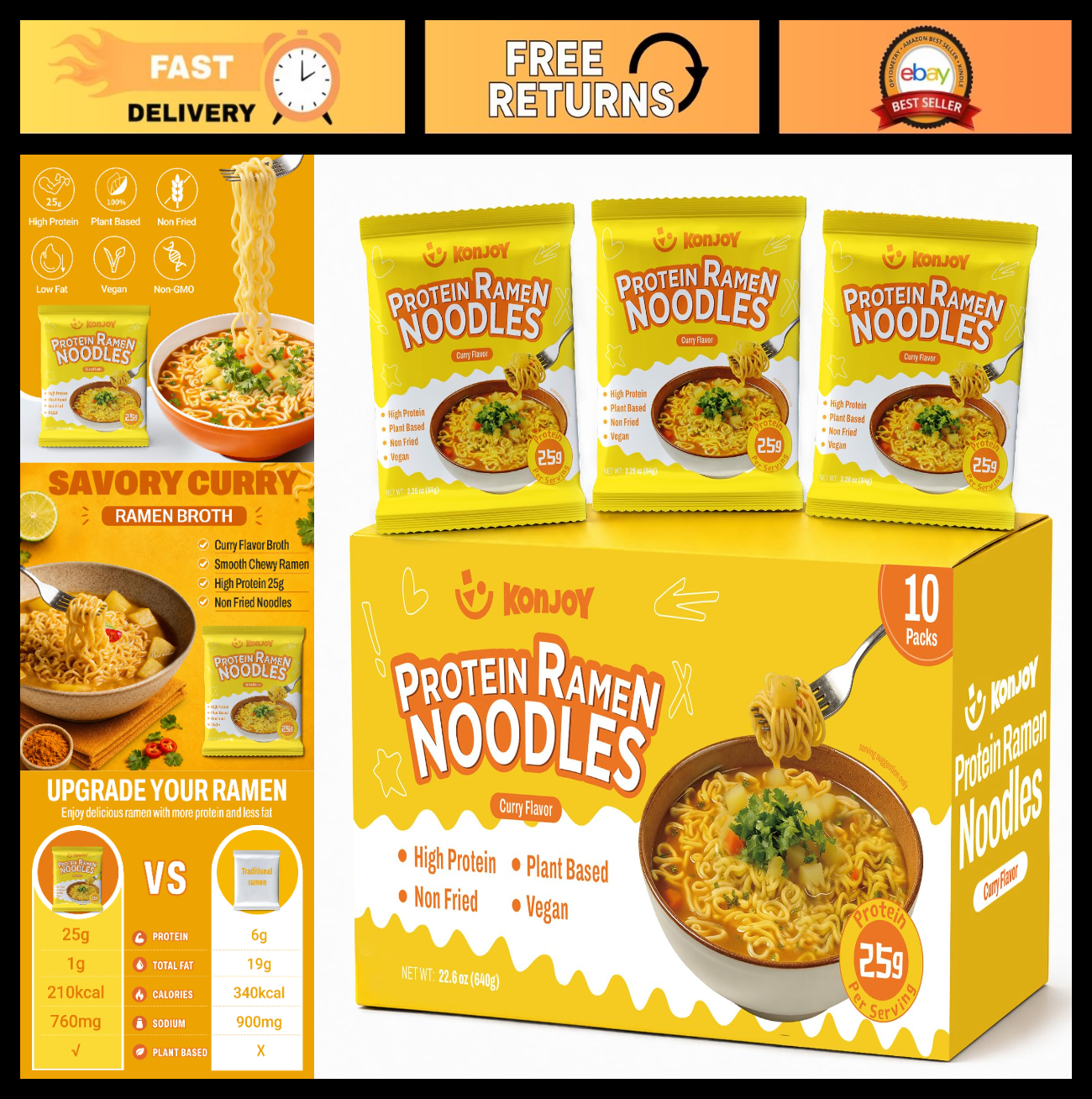 High Protein Vegan Ramen Noodles - Curry Flavor, 10 Pack, Low Fat, Quick Meal0