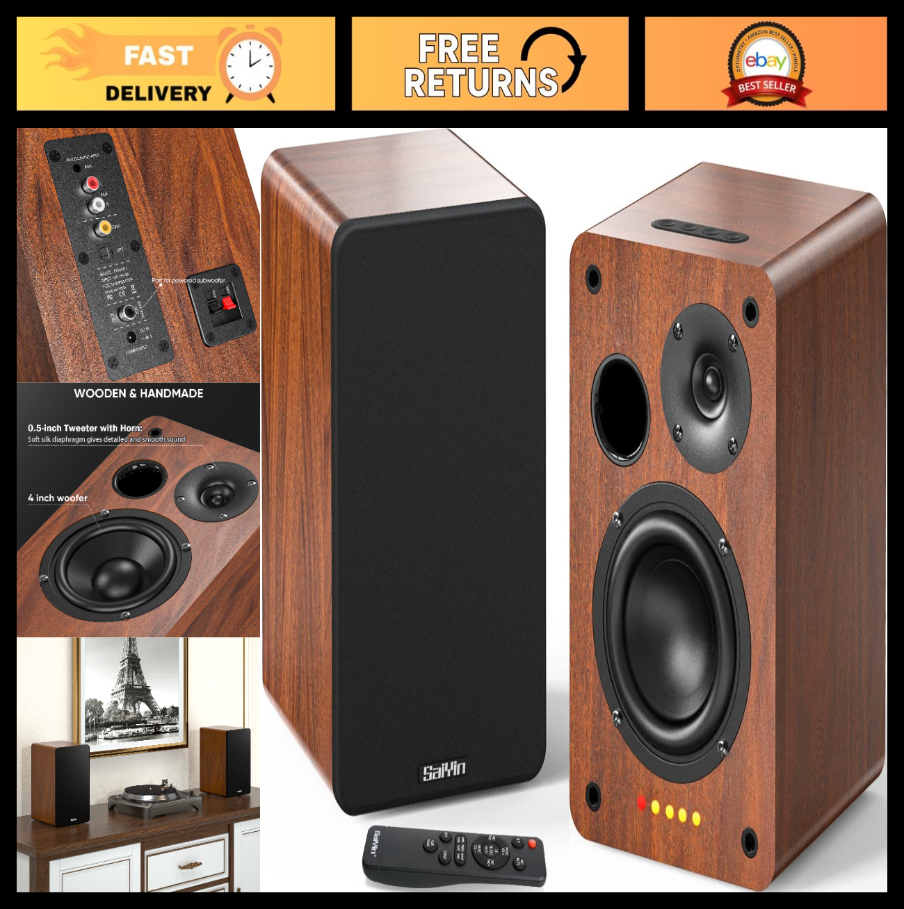 40W Bluetooth Bookshelf Speakers   4" Woofer, Optical/Aux/RCA Inputs, Sub Out, T0