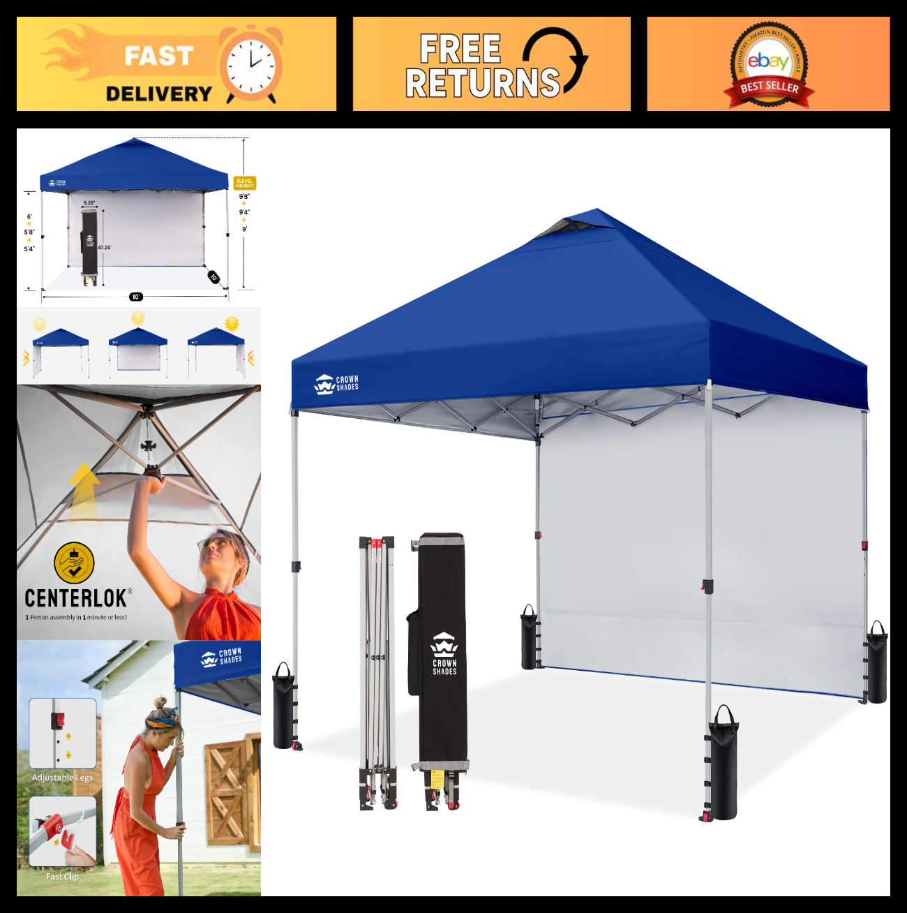 10x10 Pop Up Canopy with Side Wall, Beach Tent, Easy Setup Outdoor Shelter, Navy0