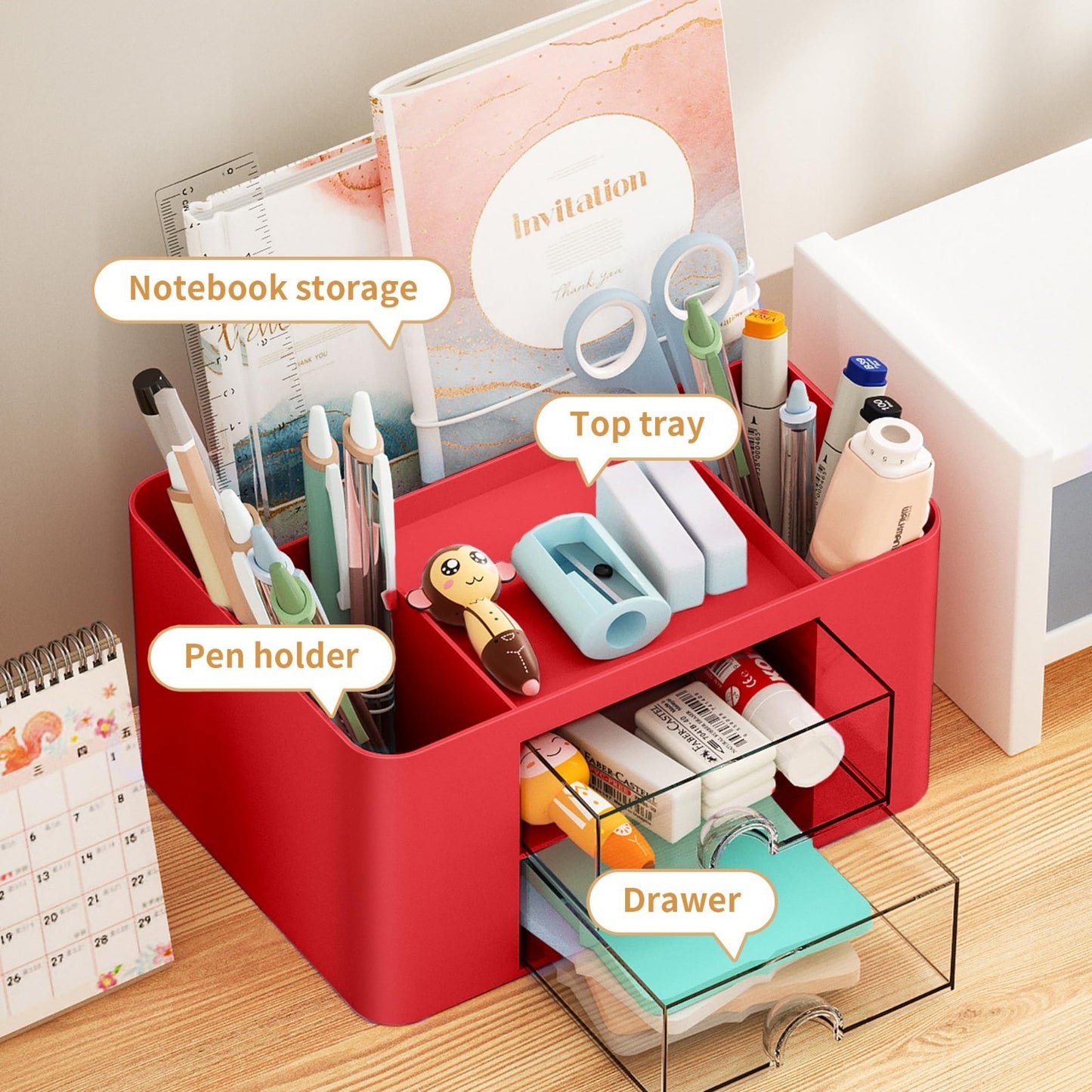 Multi Functional Desk Organizer with 2 Drawers, 5 Compartments for Office Suppli2