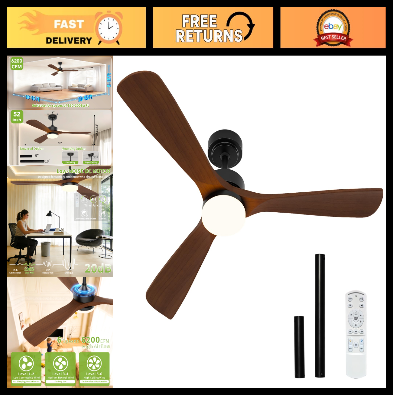 52 Inch Ceiling Fan with Lights, Solid Wood Blades, Ultra Quiet DC Motor, 6 Spee0