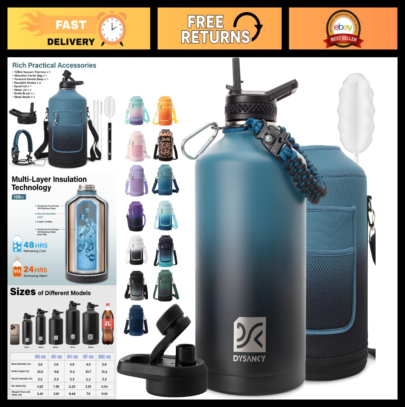1 Gallon Insulated Water Bottle - Thick Stainless Steel, Portable Sports Jug, BP0