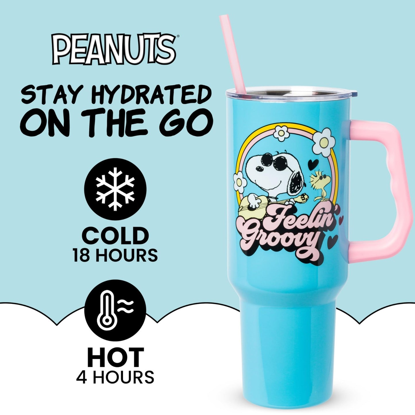 40oz Double Walled Stainless Steel Tumbler with Handle & Straw   Snoopy & Woodst2