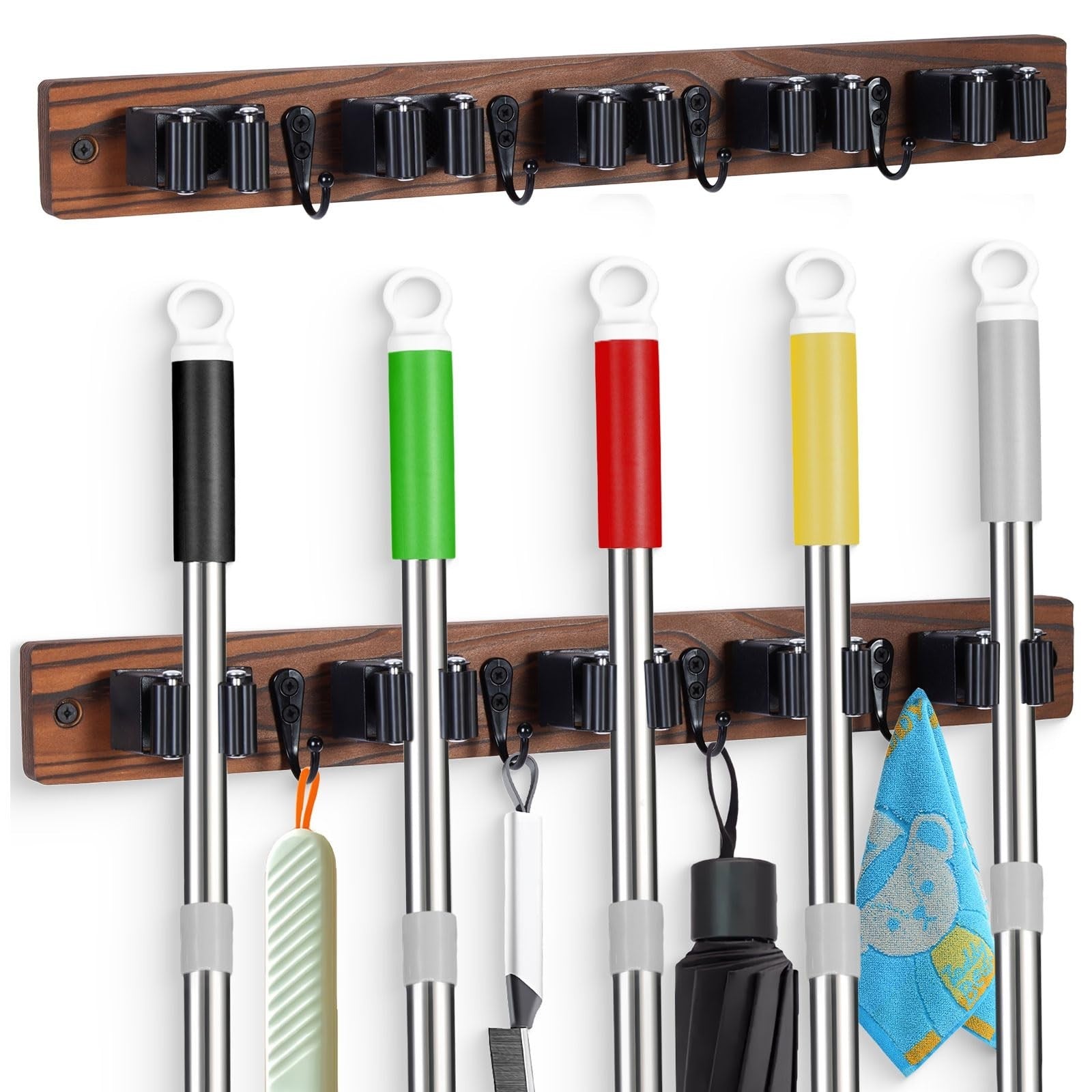 2 Pack Wall Mount Broom Holder with 5 Slots & 4 Hooks - Rustic Wood Tool Organiz1