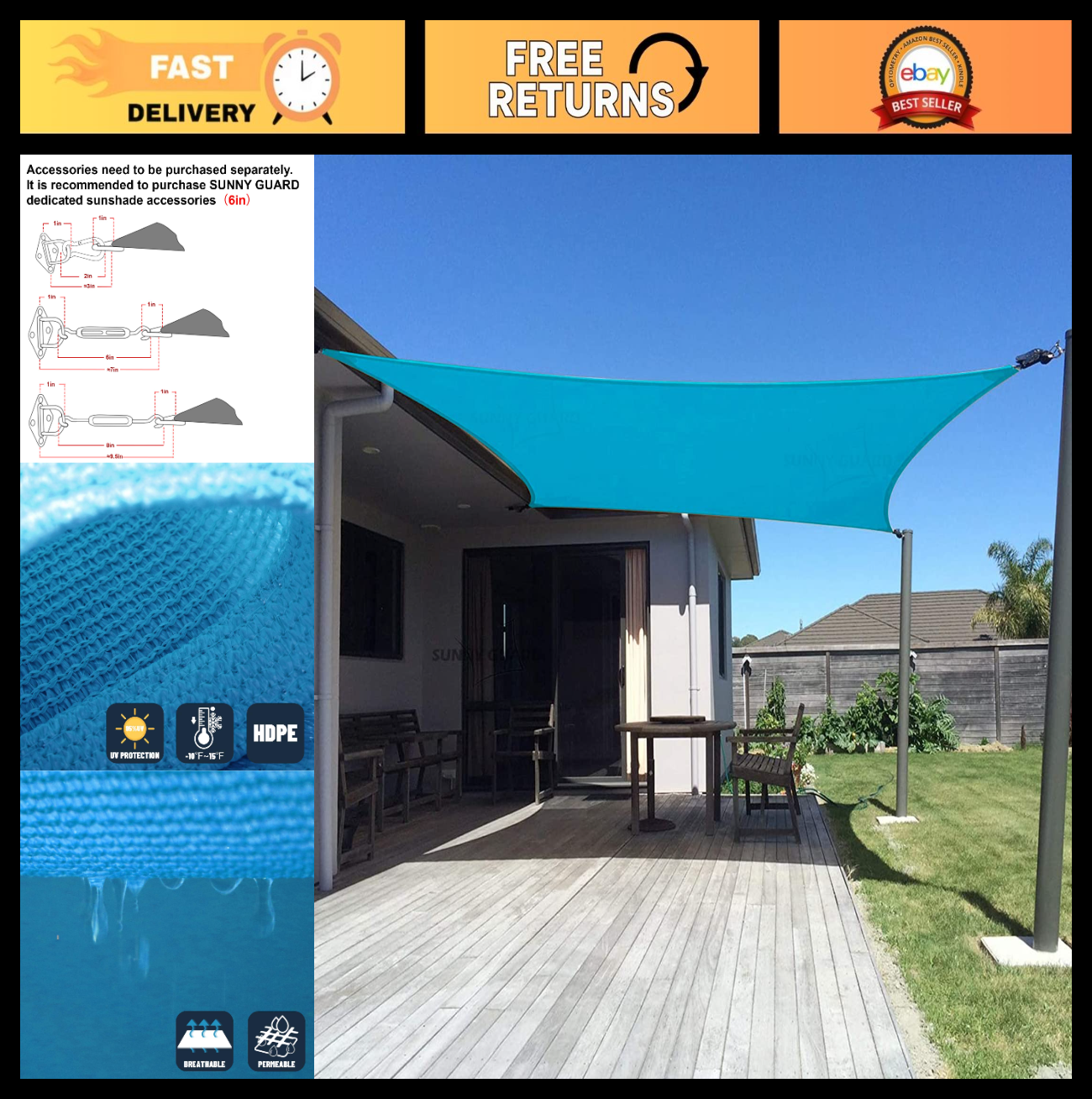 10' x 13' Rectangle Shade Sail Canopy   95% UV Block Outdoor Sun Shade for Patio0