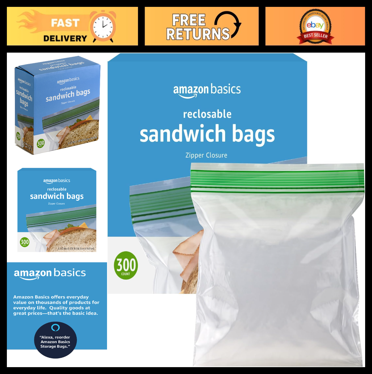 300 Count Sandwich Storage Bags   Resealable, BPA Free, Bulk Pack of 60