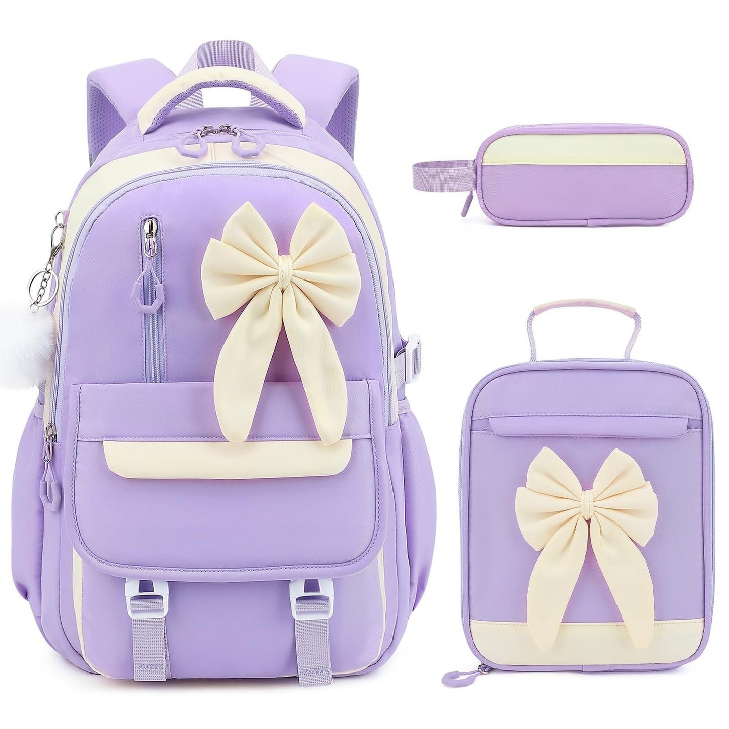 Girls Bow Backpack Set   3PCS with Lunch Bag & Pencil Case, Stylish School Bag1