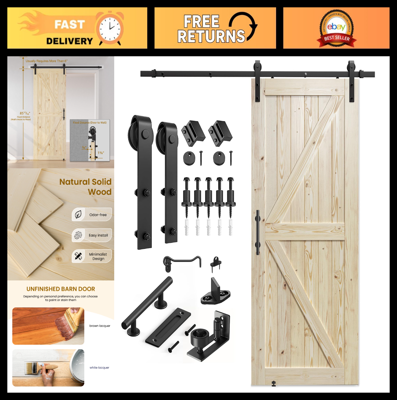 36x84in Unfinished Solid Spruce Sliding Barn Door & 6.6ft Hardware Kit   DIY, St0