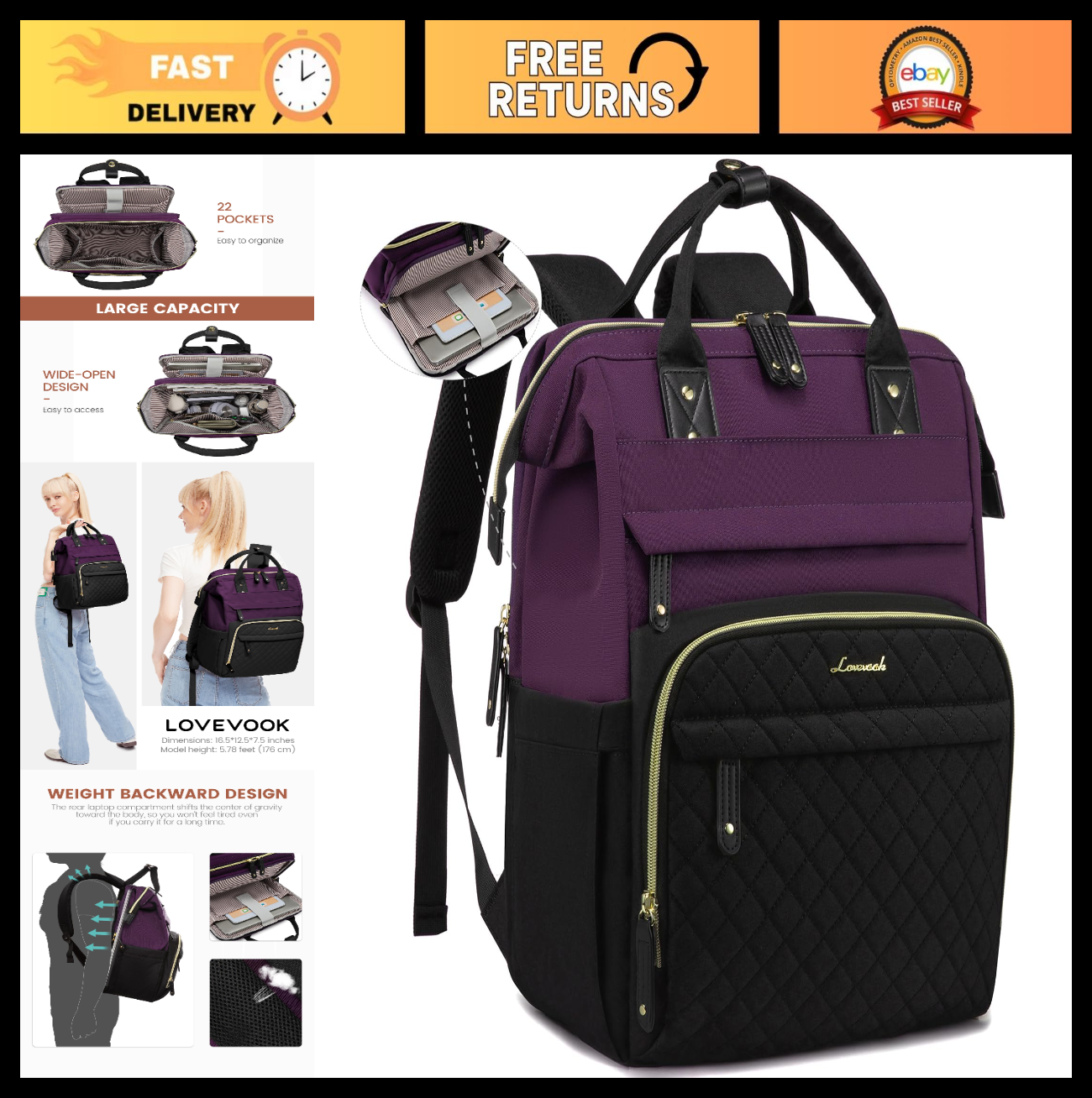 Waterproof Laptop Backpack for Women, 15.6'' Teacher Nurse Work Bag, Travel Purs0