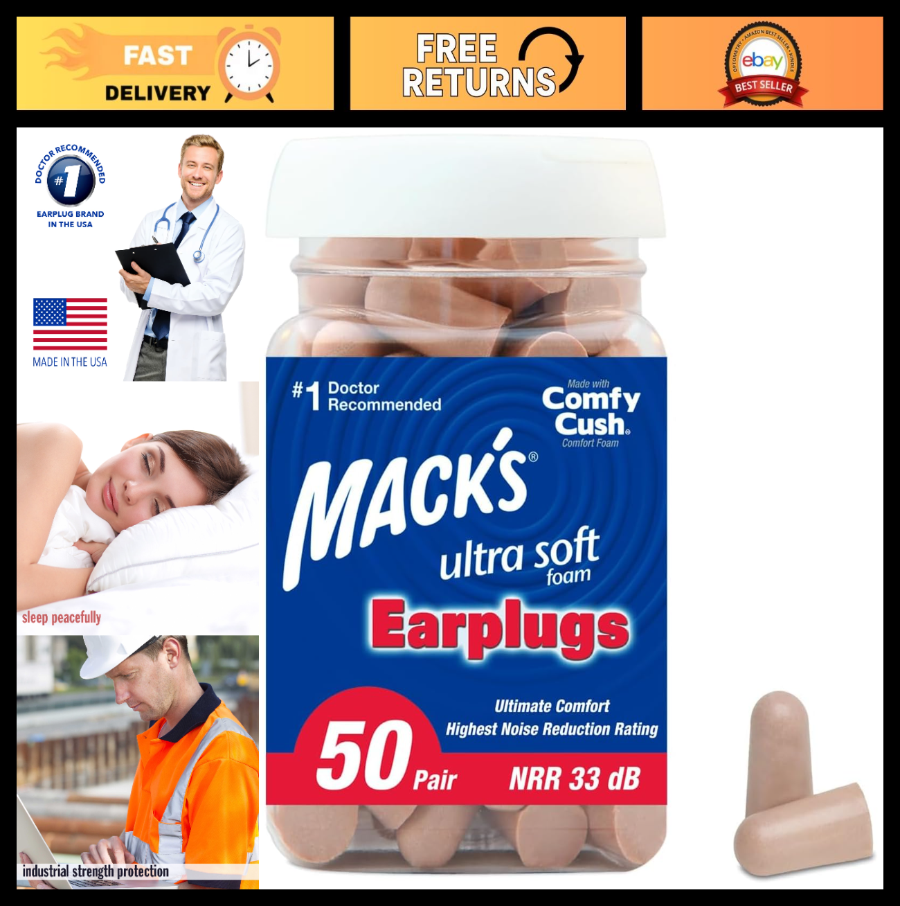 Ultra Soft Foam Earplugs 50 Pairs   33dB Noise Reduction, USA Made, Comfortable0