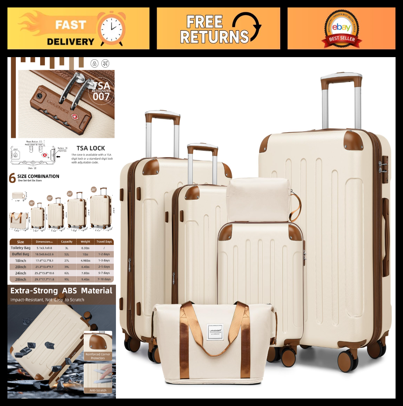Expandable 6-Piece Luggage Set, Cream/Brown, Lightweight ABS, TSA Lock, 360° Whe0