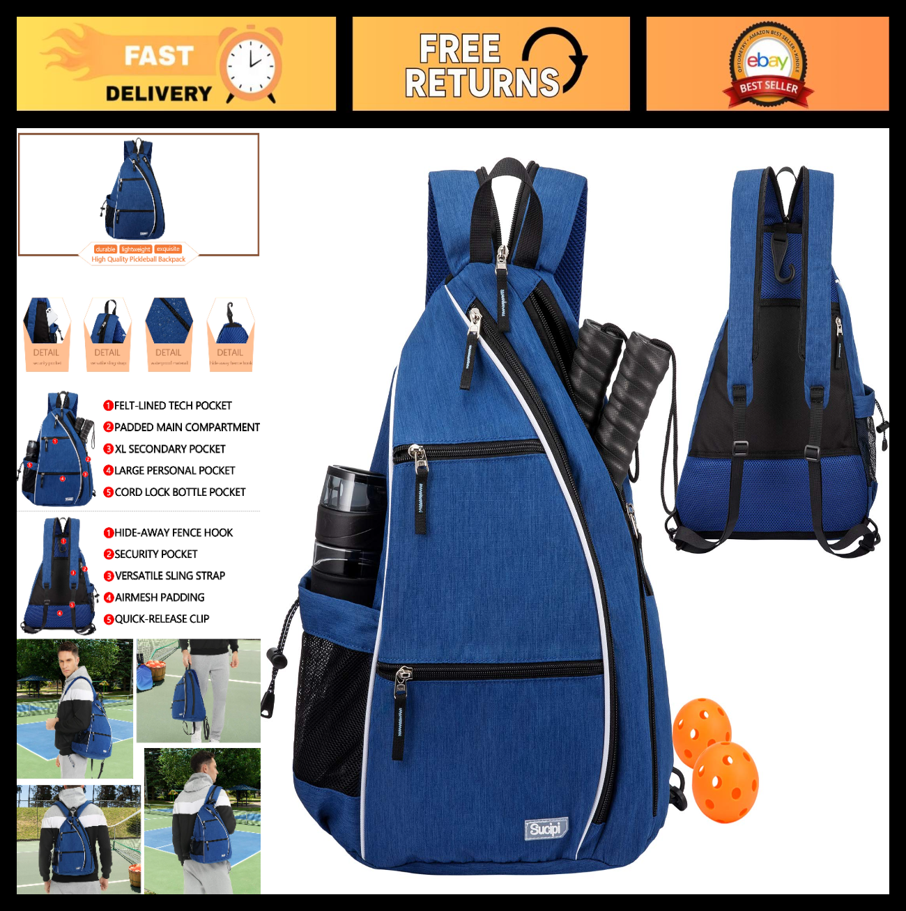 Adjustable Pickleball Backpack with Fence Hook, Large Capacity & Safety Pocket0