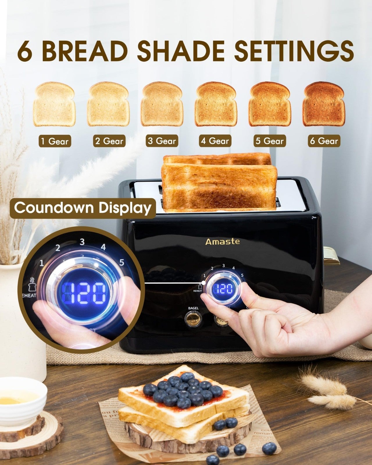Retro 2 Slice Toaster with LED Display, Extra Wide Slots, 6 Shade Settings, Bage3