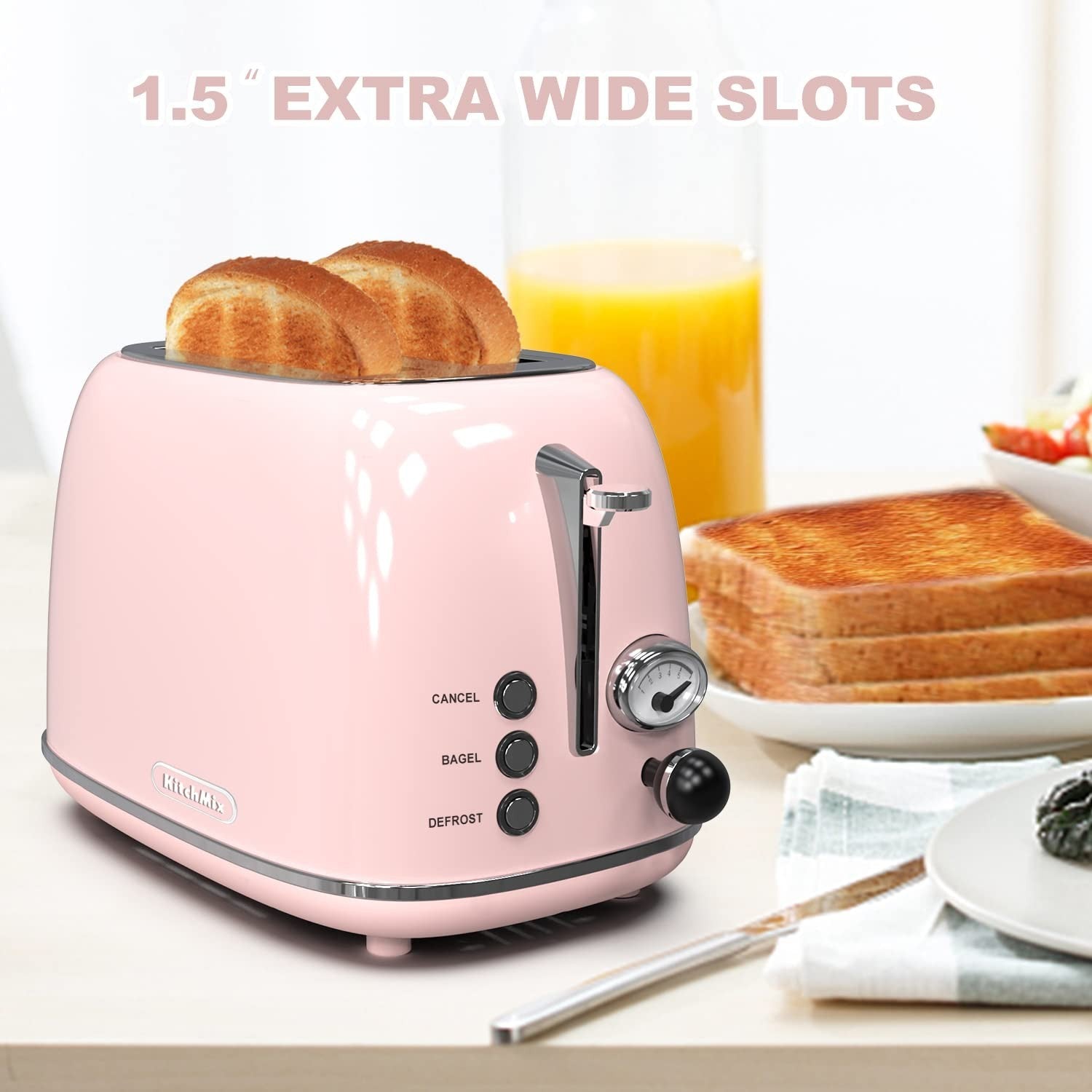 Retro 2 Slice Stainless Steel Toaster   6 Settings, Extra Wide Slots, Bagel/Defr2