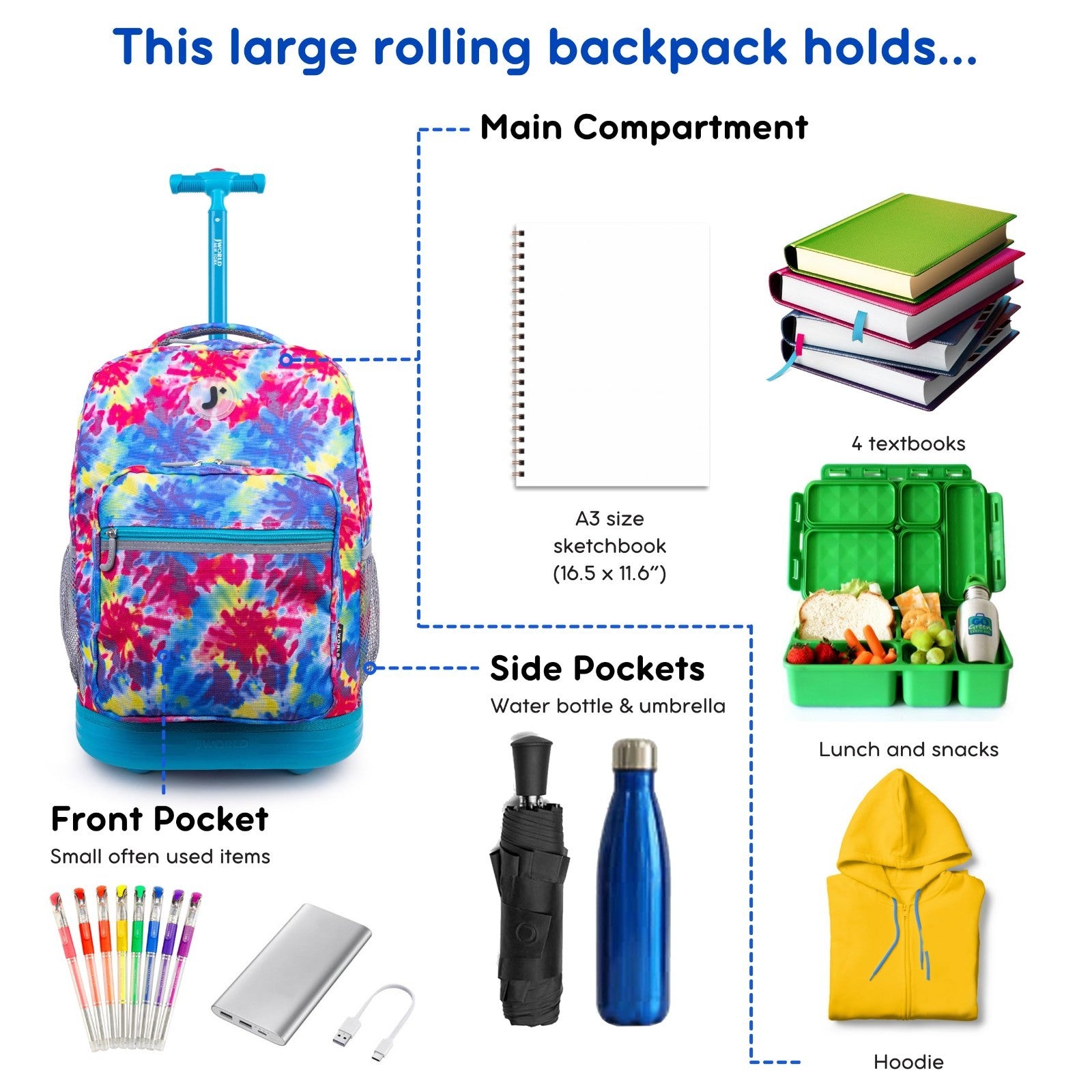 Kids Rolling Backpack with Wheels, Tie Dye School Bookbag for Girls & Boys, 18"x3
