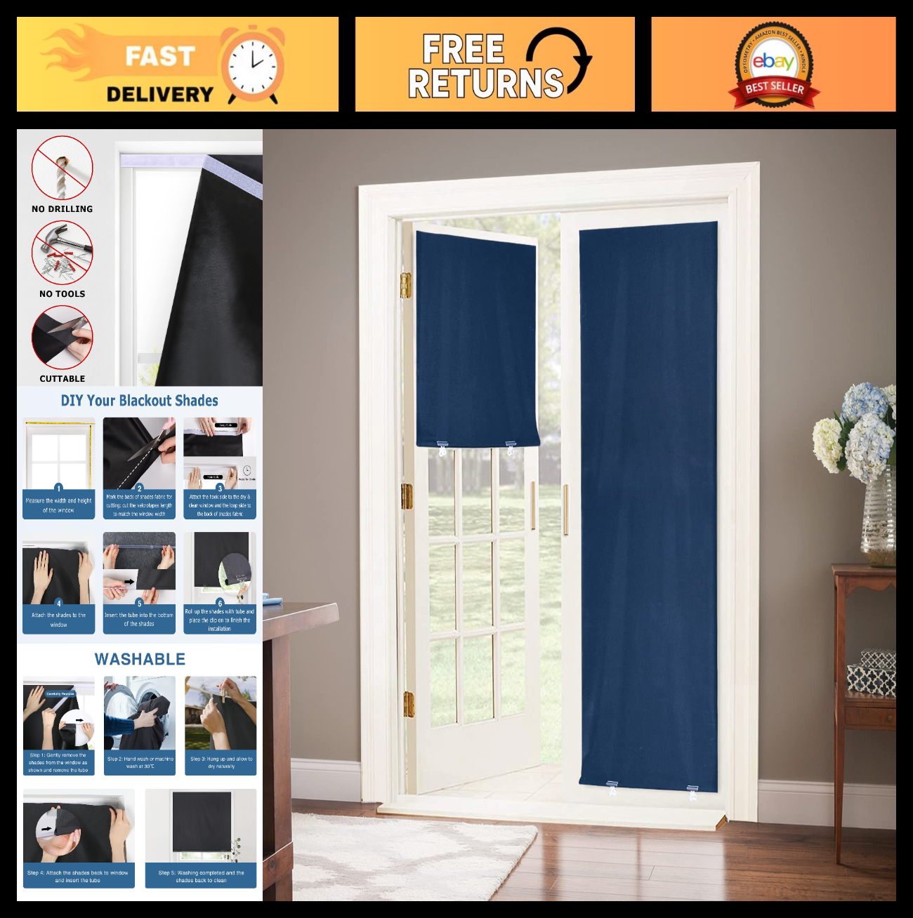 100% Blackout Door Curtain 26"x68" Navy Blue, No Tools Cordless Thermal Insulate0
