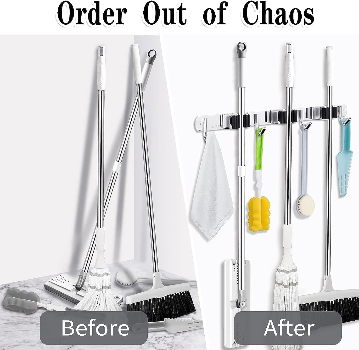 2 Pack Wall Mount Broom Holder - 3 Racks & 4 Hooks Mop Organizer Storage5
