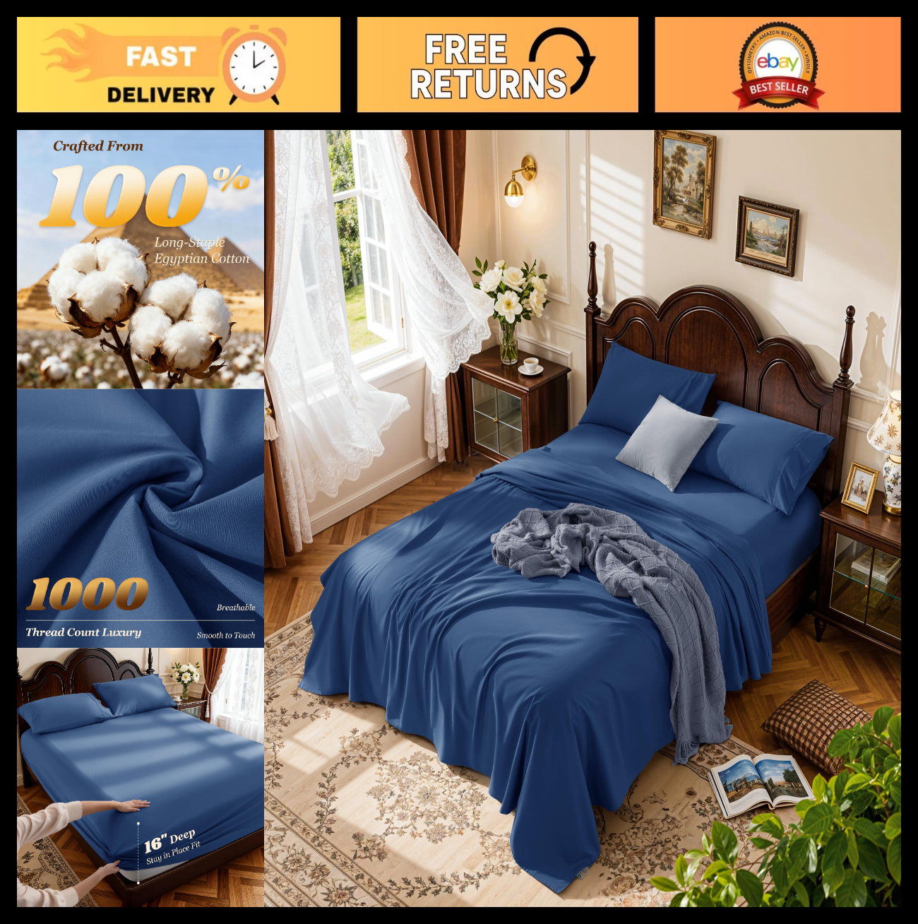 1000 Thread Count Cotton King Size Sheet Set, 4 Piece, Deep Pocket, Soft & Breat0