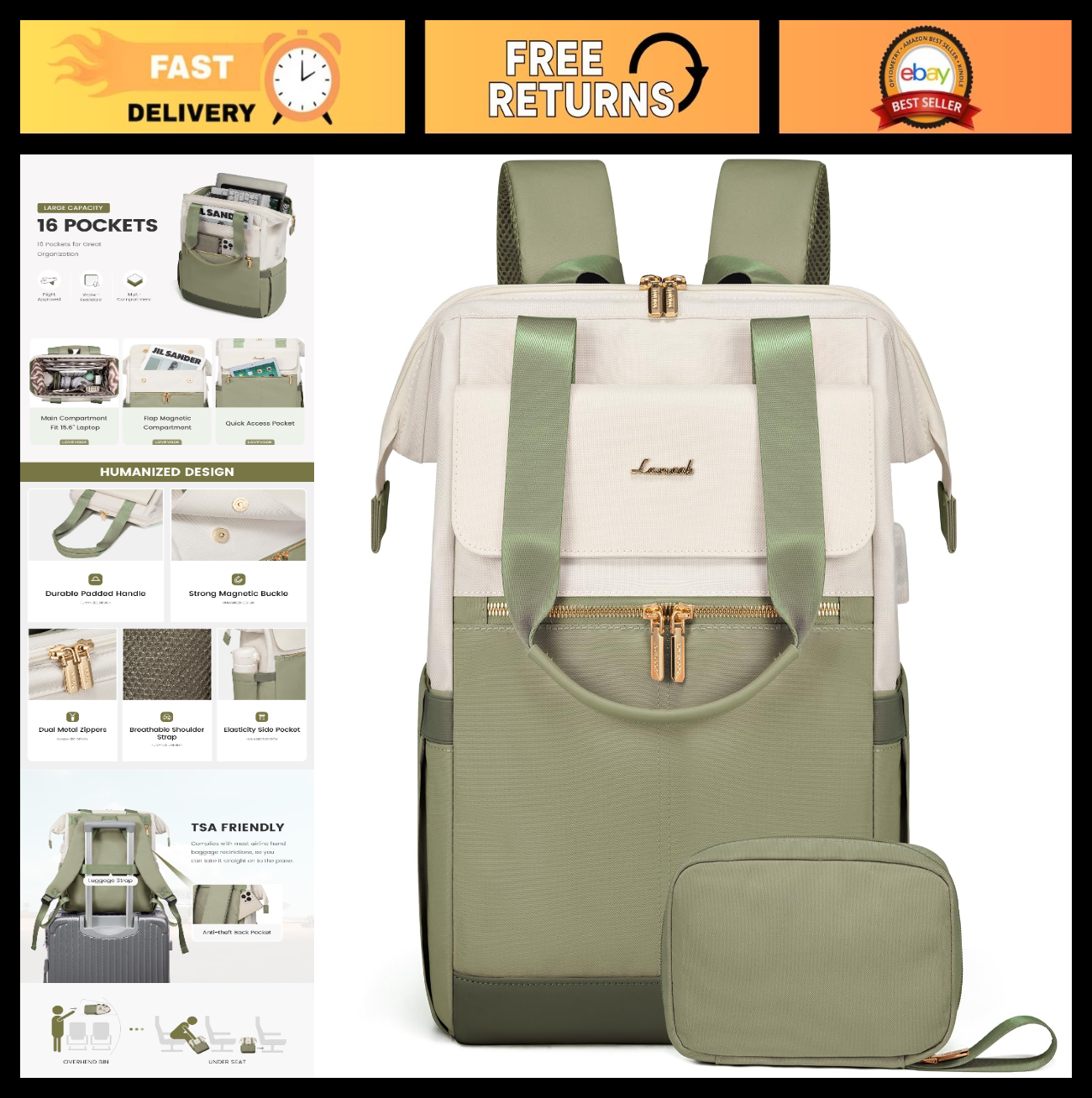 Stylish 15.6" Laptop Backpack for Women, USB Port, Waterproof Travel Bag, 2PCS0