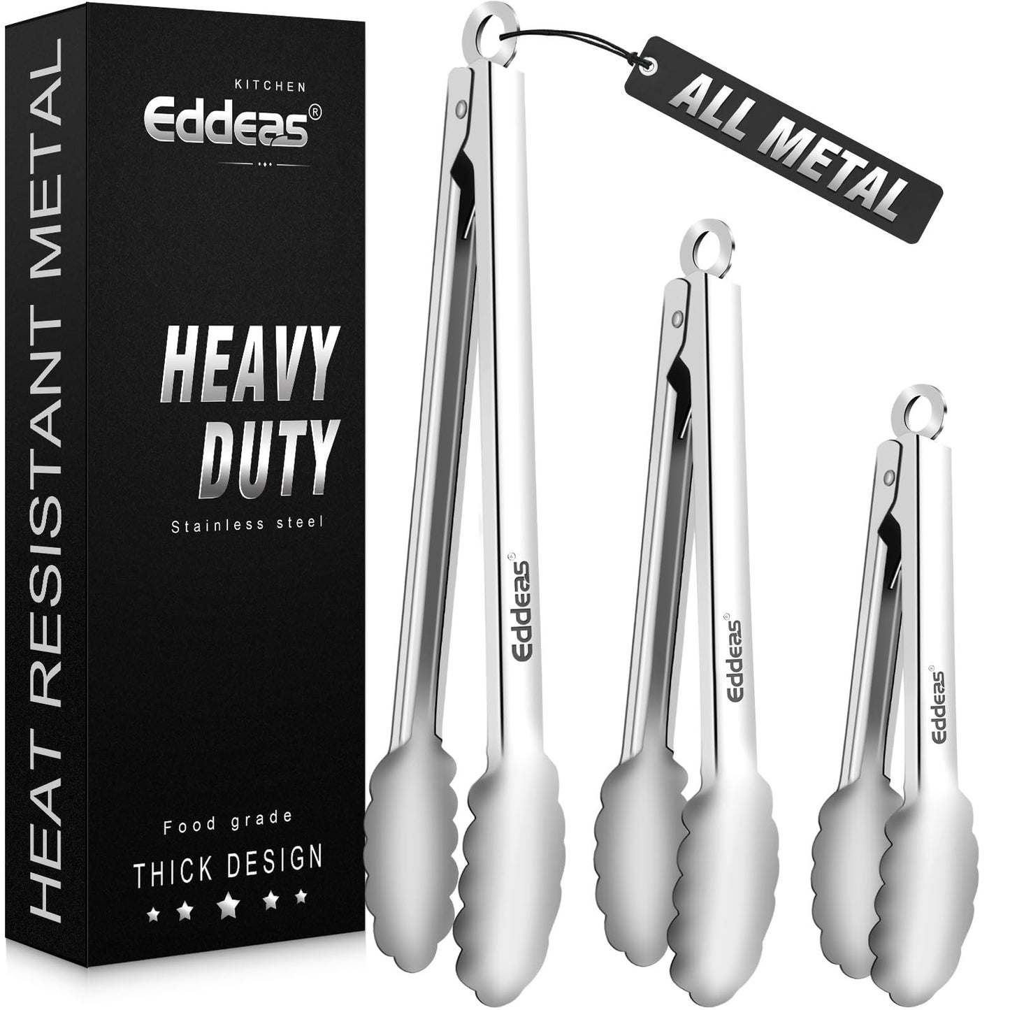 Heat Resistant Stainless Steel Cooking Tongs Set   3PCS, 9" & 12"   Non Slip, BB1