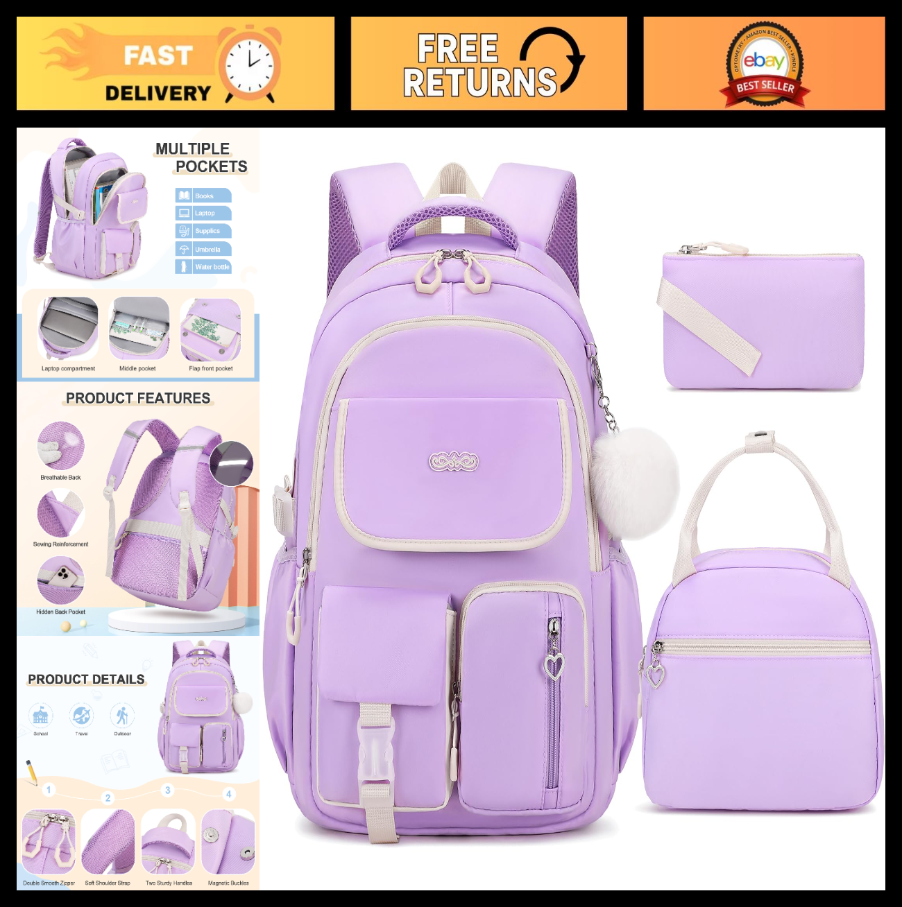 3PCS Girls School Backpack Set with Lunch Box & Pencil Pouch   Stylish & Durable0