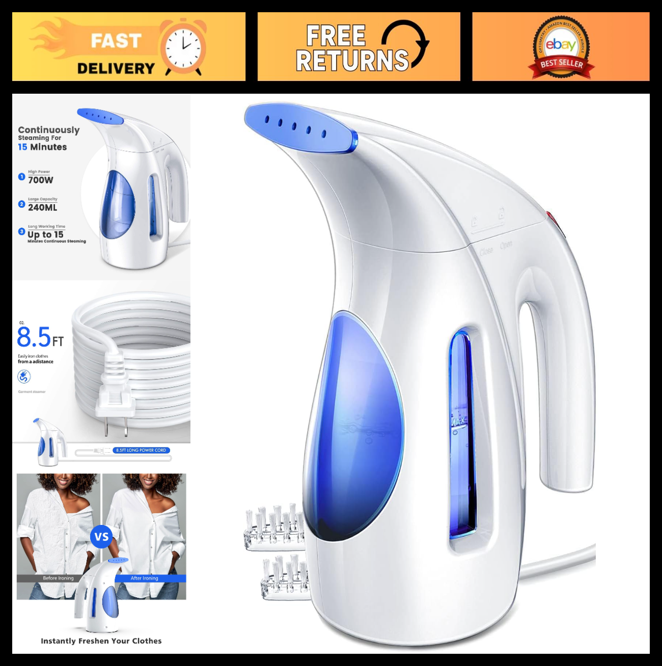 Portable Handheld Clothes Steamer, 1100W Fast Heat, 300ml Capacity, No Leak Desi0