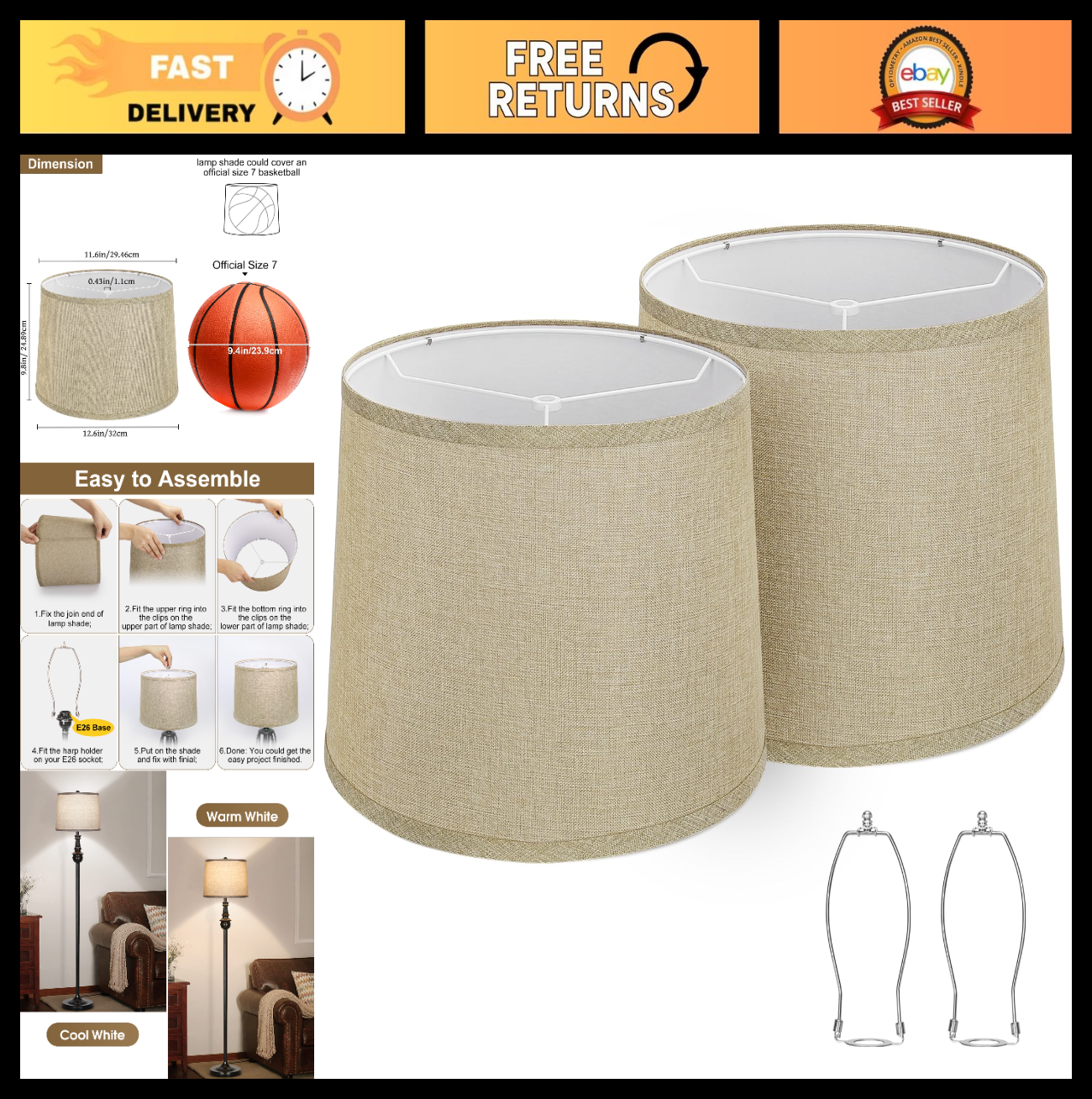 Set of 2 Drum Lampshades, 11.6" Top x 12.6" Bottom, Brown Fabric for Table & Flo0